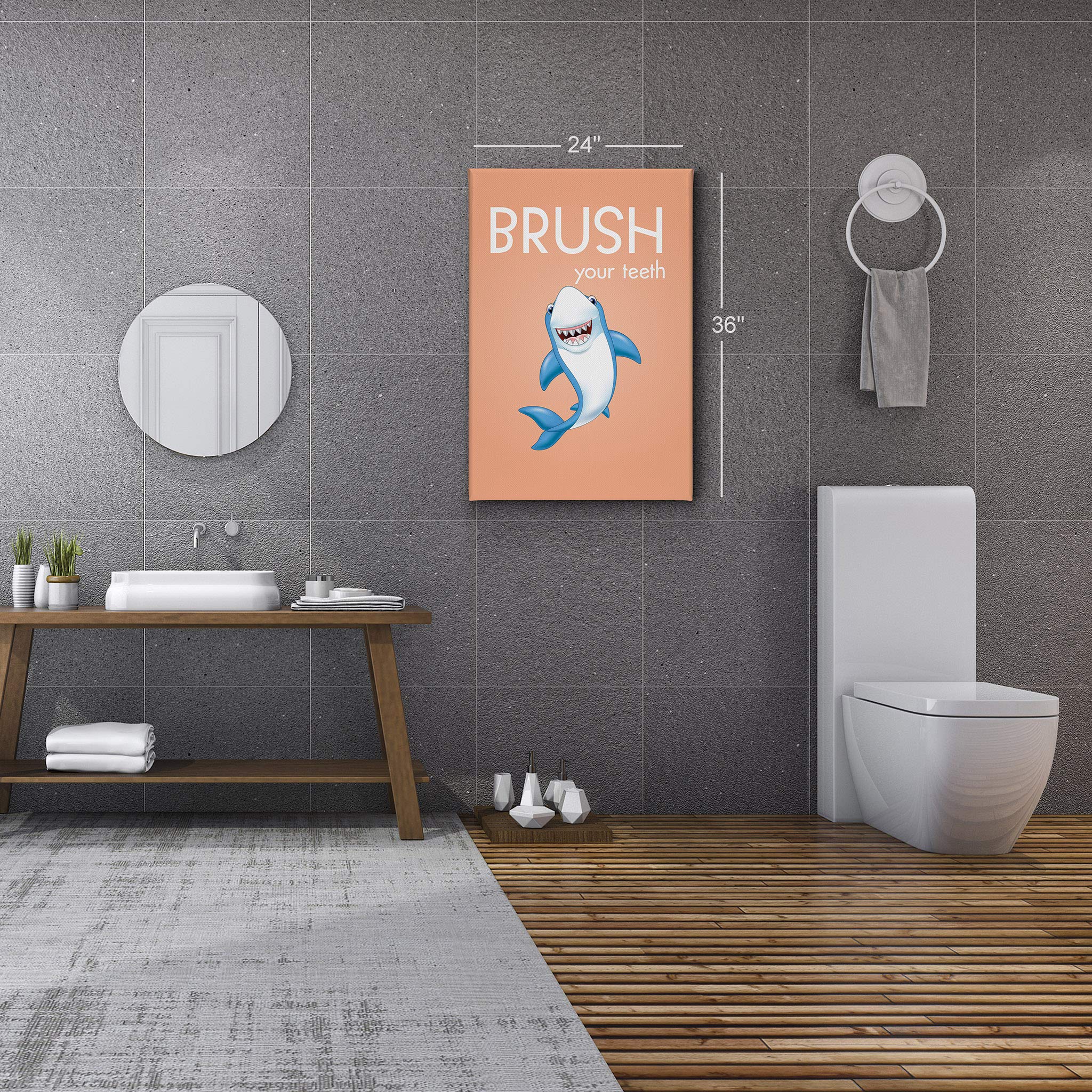 Smile Art Design Brush Your Teeth Quote Canvas Print - Funny Bathroom Wall Decor for Kids & Nursery, Shark Theme Ready-to-Hang Bathroom Sign (40x30 Inches) - Perfect for Children's Bathrooms, Dental Offices & Playrooms | Made in USA
