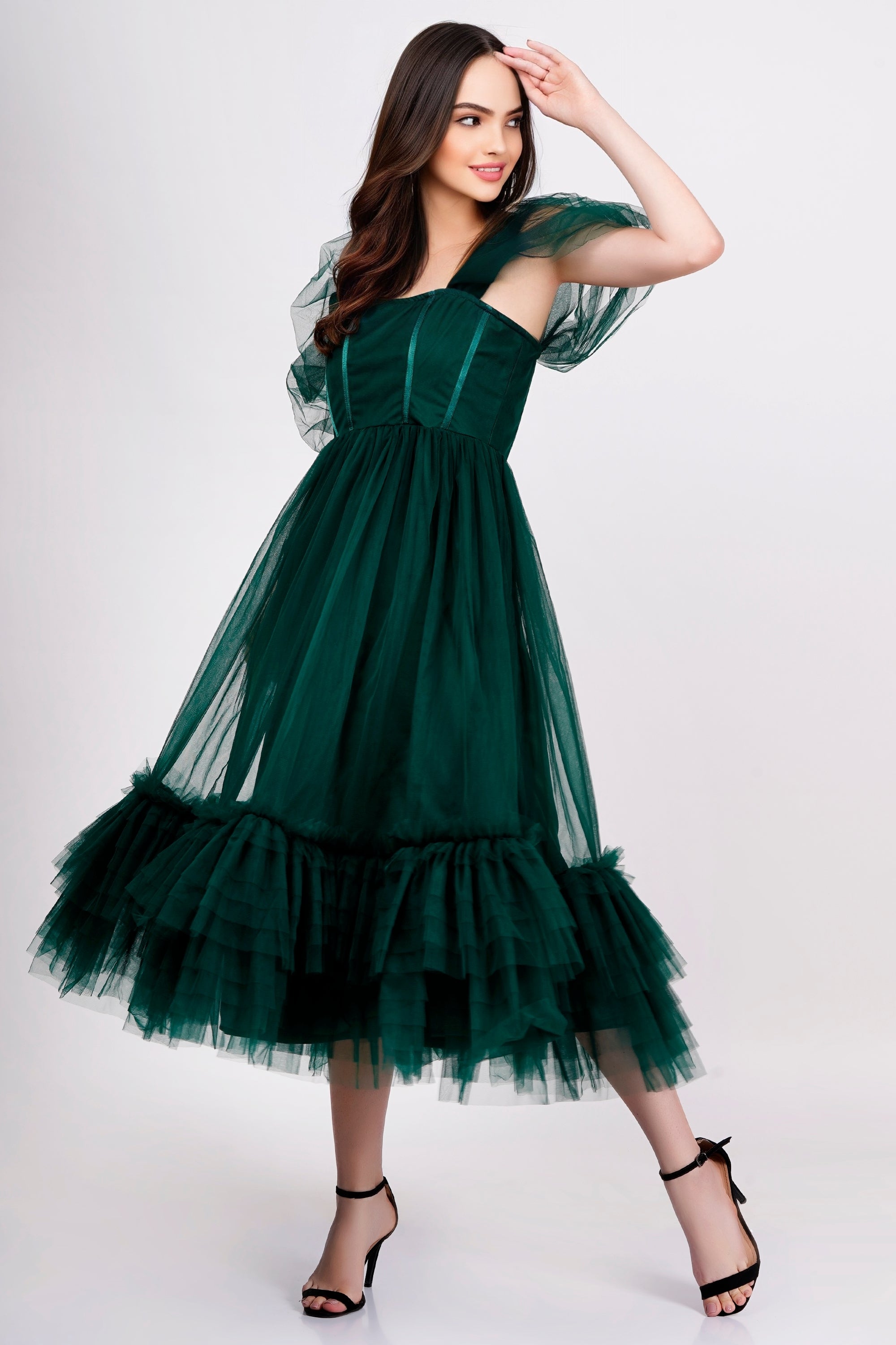 Jayne Emerald Green Tulle Midi Dress for Women - Elegant Party & Wedding Guest Dress - Perfect for Cocktail Parties, Bridesmaid, Prom & Special Occasions