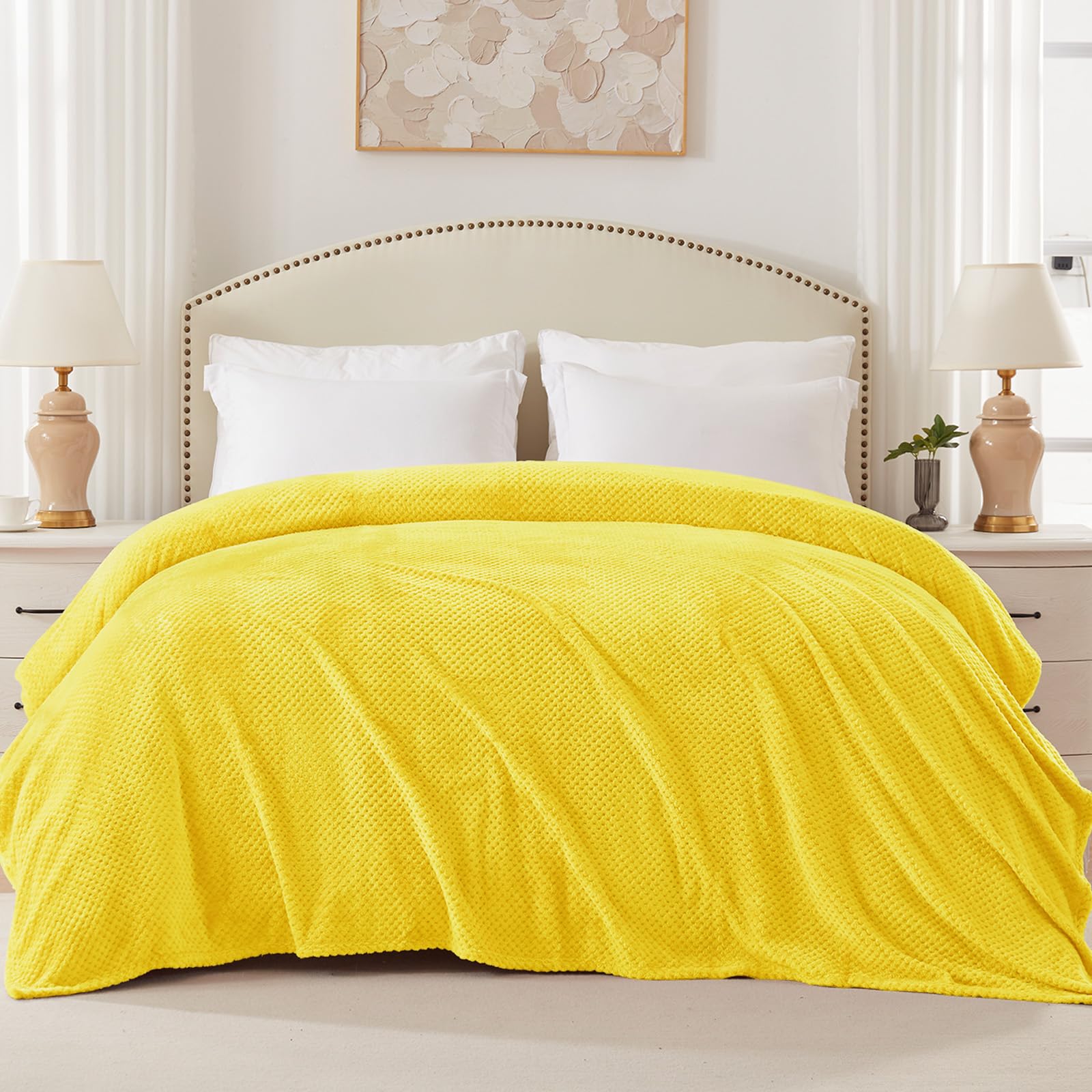 Premium Fleece Blend Queen Size Bed Blanket - Ultra Soft & Warm Waffle Textured Throw for Couch, Sofa & Bed - Cozy, Lightweight & Fuzzy (90x90 Inches, Vibrant Yellow) - Perfect for Winter Nights, Movie Time & Home Decor
