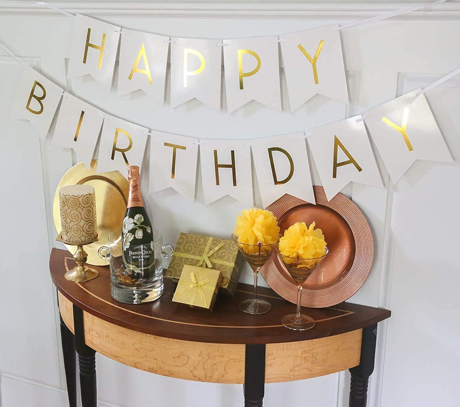 Burgundy Gold Birthday Party Decorations Set - Elegant Champagne Gold Tissue Pom Poms & Happy Birthday Banner - Perfect for Women's Birthday, Fall Celebrations & 30th Birthday Parties - Great for Home Decor, Baby Showers & Anniversary Events