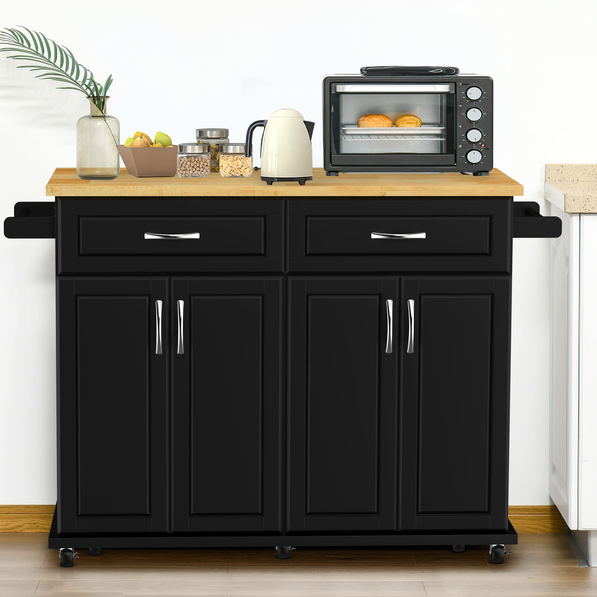 **Black Kitchen Island Cart with Storage Cabinet & Drawer - 48x18x36 Inches, Rubber Wood Top, Mobile Kitchen Island on Wheels with Towel Rack - Perfect for Small Kitchens, Dining Room Storage & Food Prep**