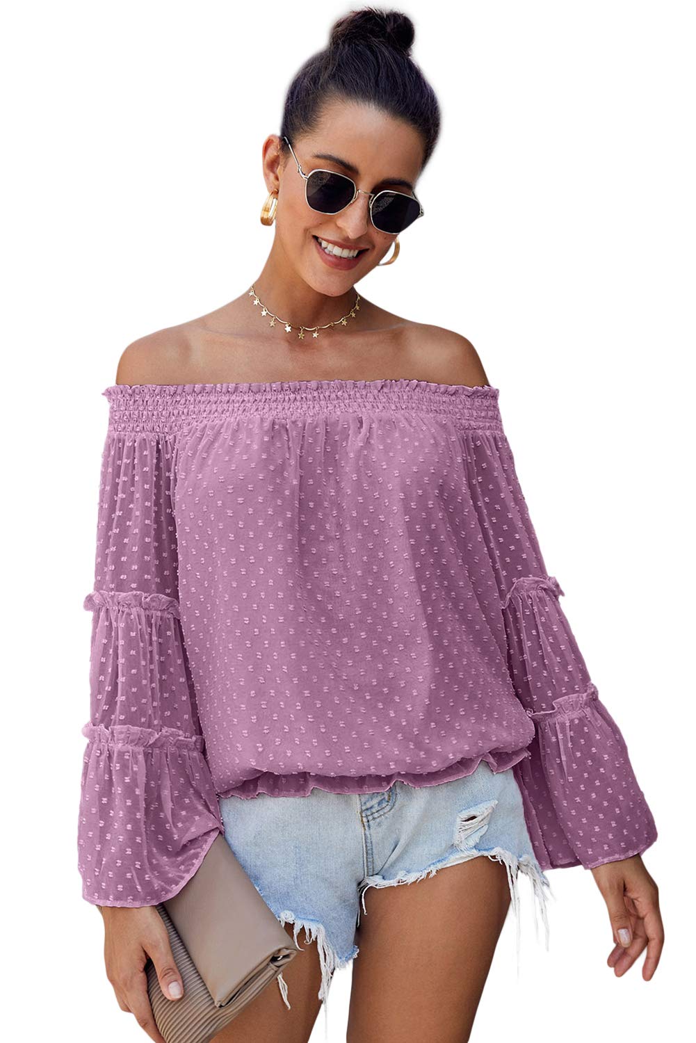 Women's Off The Shoulder Long Sleeve Blouse - Solid Color Flared Bell Sleeve Loose Top for Casual Wear, Date Night & Summer Outfits