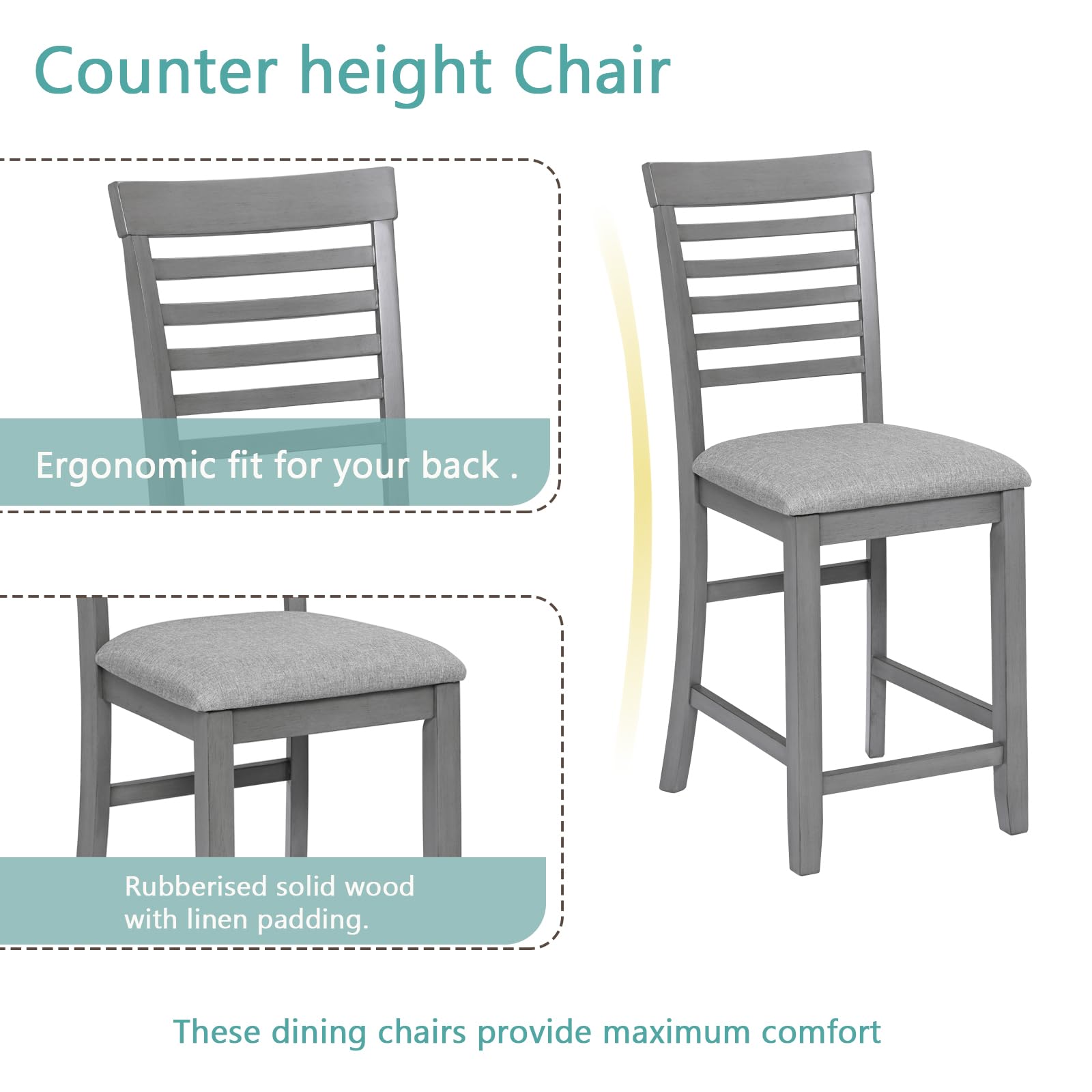 **Merax 5-Piece Counter Height Dining Table Set for 4 - Square Kitchen Table with 4 Linen Upholstered Chairs, Wooden Small Space Dining Set in Gray - Perfect for Apartments, Breakfast Nooks & Cozy Kitchens**