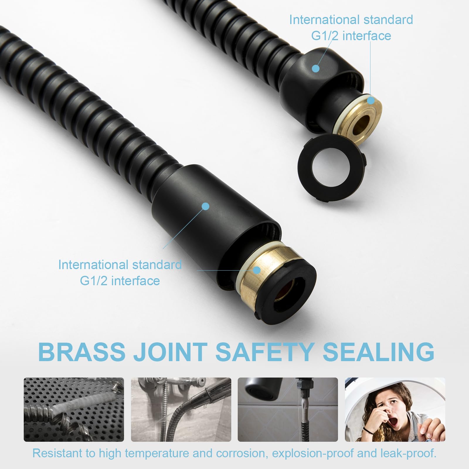 OFFO 80 Inch Stainless Steel Shower Hose - Kink-Free, Electroplated Matte Black with Brass Fittings - Perfect for Handheld Shower Heads & Pet Bathing - Durable Flexible Extension Hose for Bathroom & Cleaning