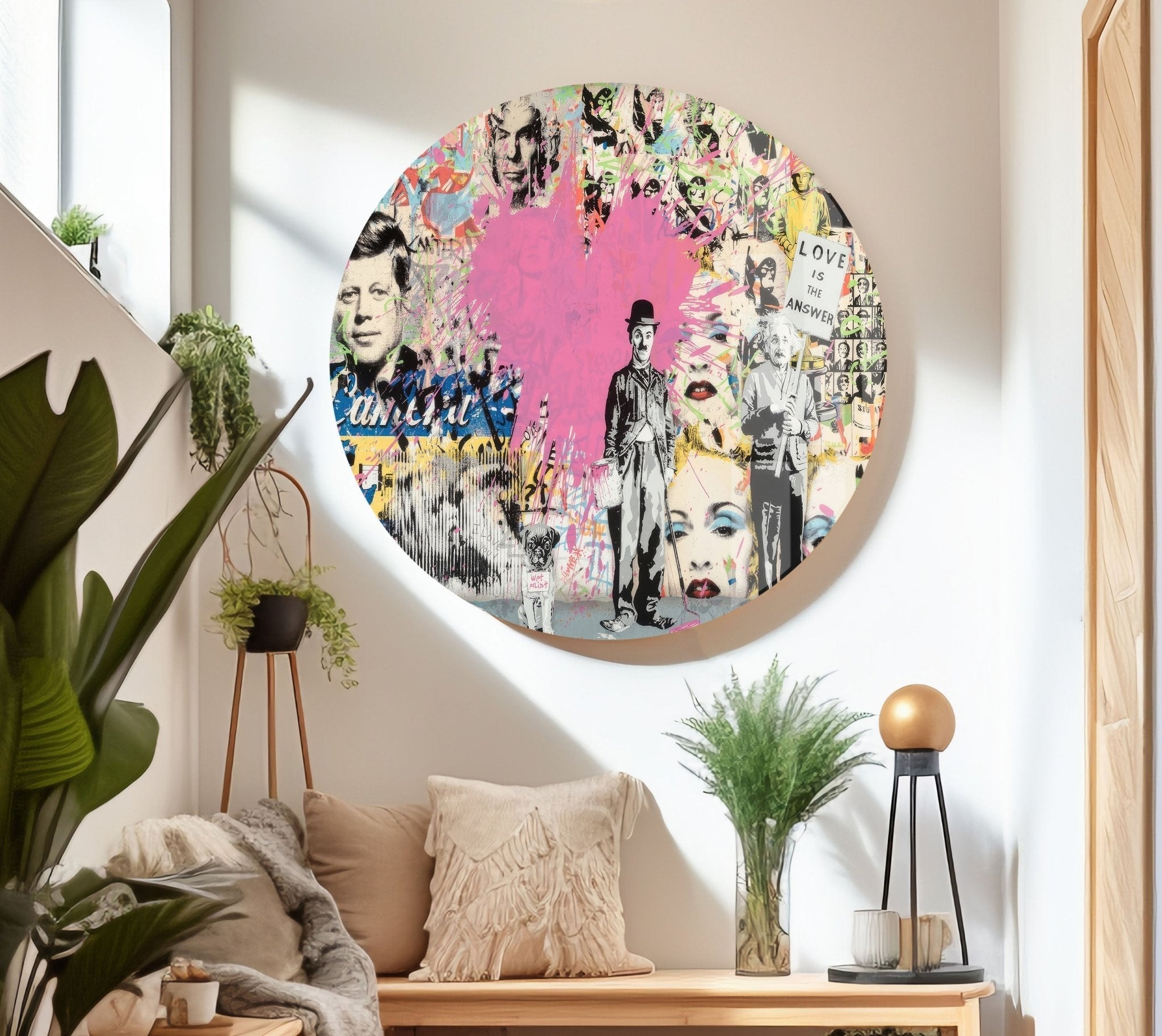 Banksy Charlie Chaplin Street Art Glass Wall Decor - Modern Urban Home & Office Artwork for Living Room, Bedroom, or Office