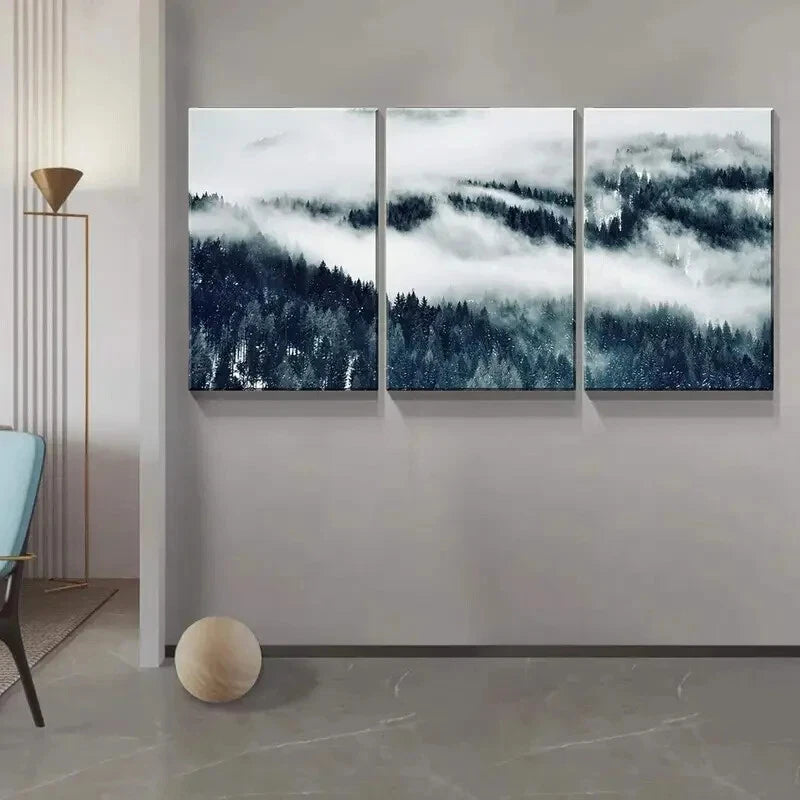 3-Piece Winter Misty Forest Landscape Metal Print Wall Art - Ready to Hang Home Decor for Living Room, Bedroom & Office
