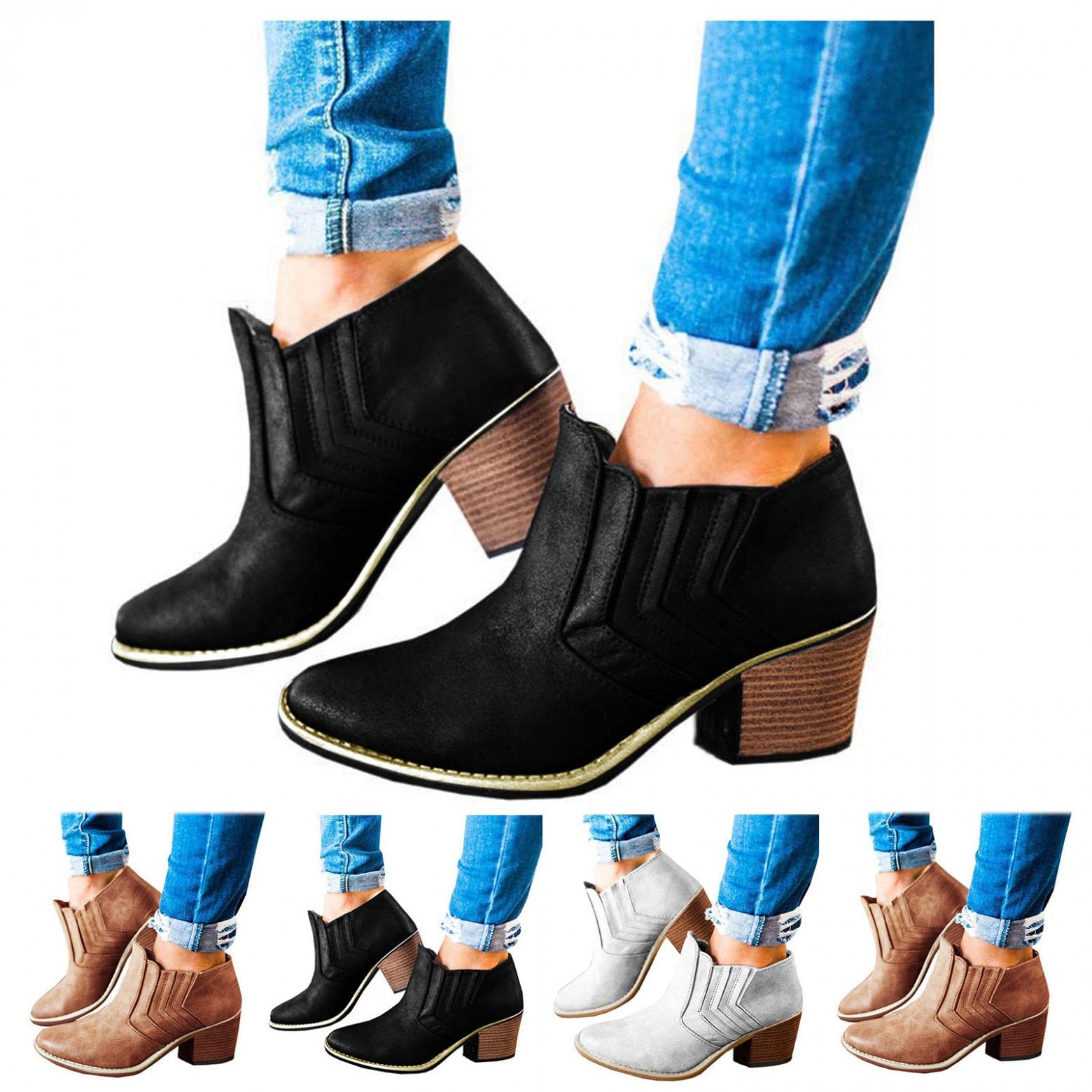 Gibobby Women's Ankle Booties with Low Stacked Heel - Pointed Toe Faux Leather & Suede Side Boots for Work, Date Night & Fall Fashion