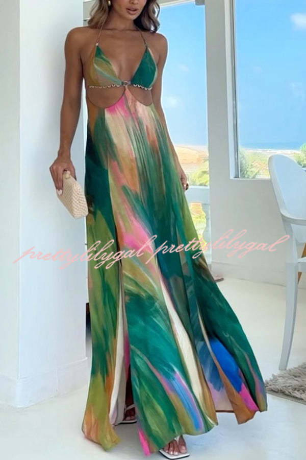 Stylish Andie Splash Ink Printed Cutout Back Tie-Up Slit Maxi Dress - Perfect for Beach Vacations, Summer Getaways & Boho Fashion
