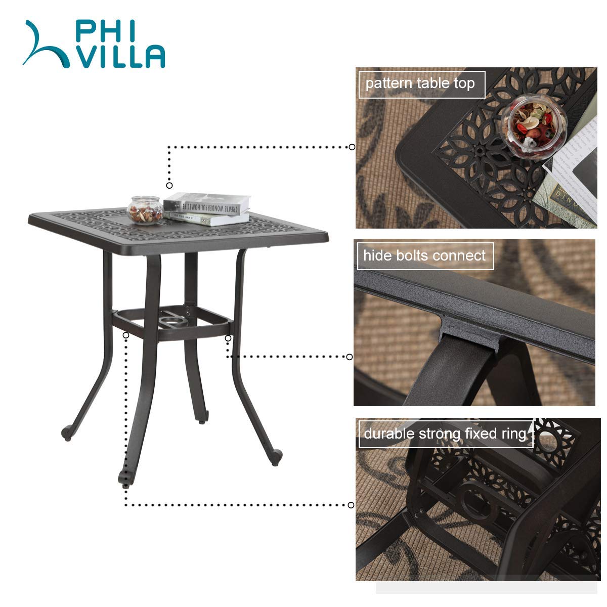 PHI VILLA 27.5 Inch Outdoor Square Bistro Table - Cast Aluminum Patio Side Table with Umbrella Hole for Garden, Backyard, Balcony - Perfect for Coffee, Tea, and Outdoor Dining