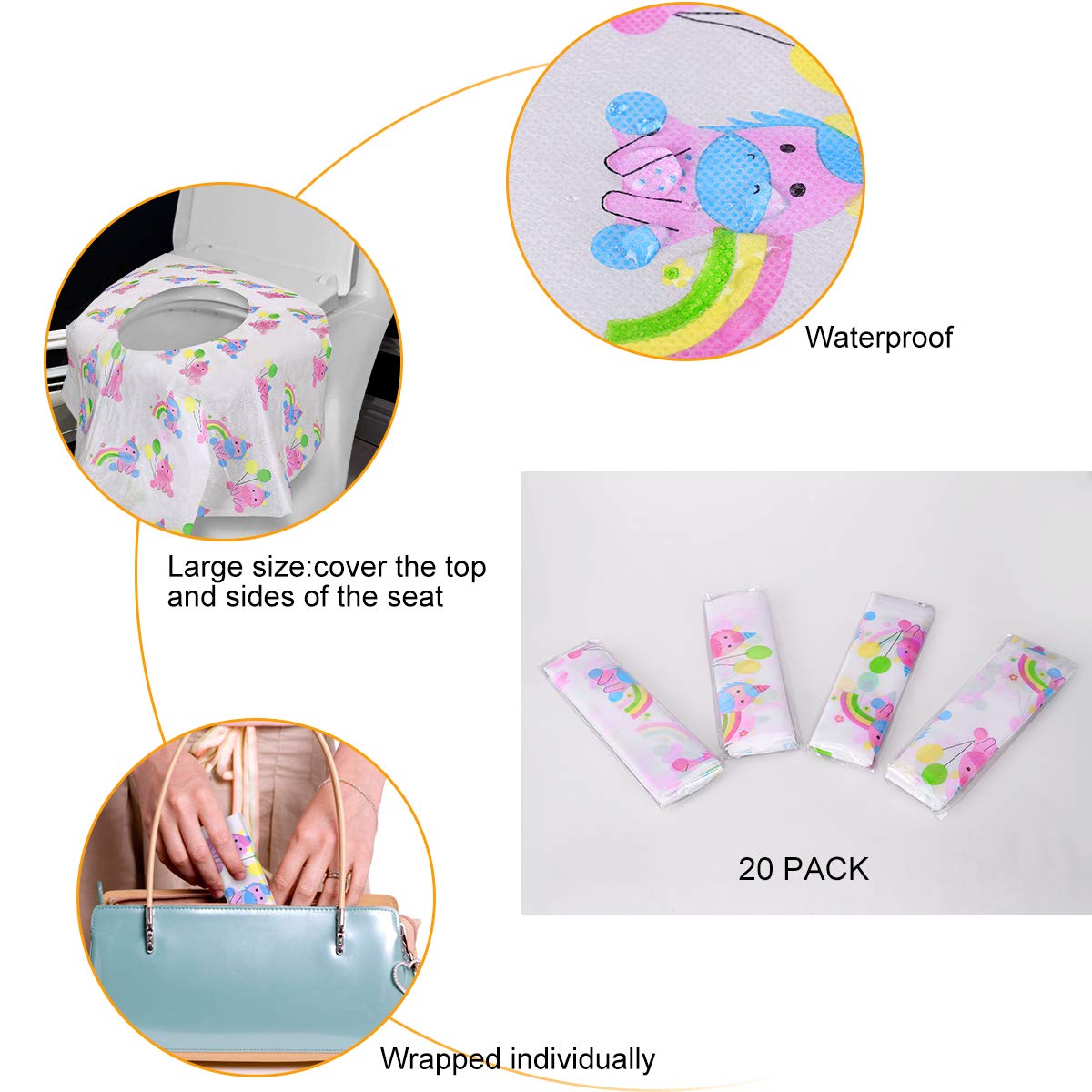 PaperKiddo 20 Pack Disposable Toilet Seat Covers - Pink Unicorn Design, Waterproof Potty Training Seat Covers for Kids & Adults, Extra Large Size, Individually Wrapped for Travel, Home & Public Restrooms | Perfect for Daycare, School, Camping & Airplane Trips