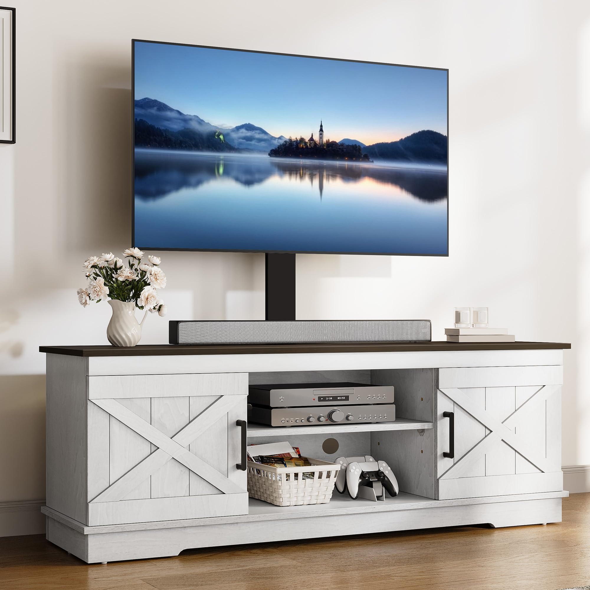 YITAHOME Farmhouse TV Stand with Mount - Sturdy Entertainment Center for 32-70 Inch TVs, Adjustable Shelf Media Console in Grey White/Espresso - Perfect for Living Room, Home Theater & Family Entertainment Spaces