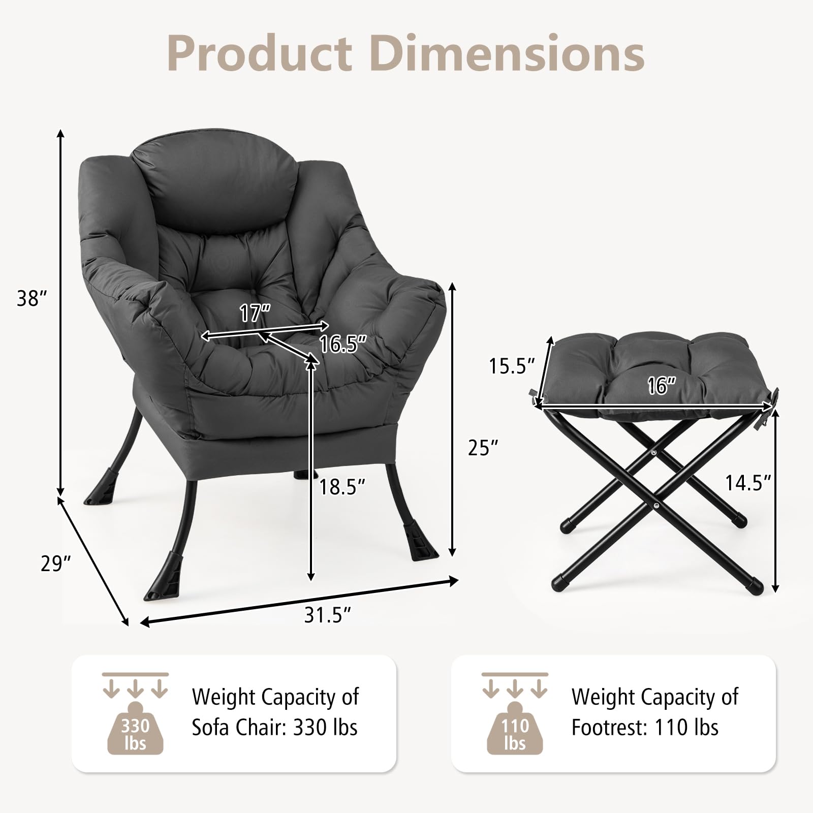 Giantex Oversized Lazy Chair with Ottoman - Gray Upholstered Lounge Armchair with Foldable Footrest & Side Pocket - Perfect for Living Room, Bedroom, Office & Small Space Relaxation