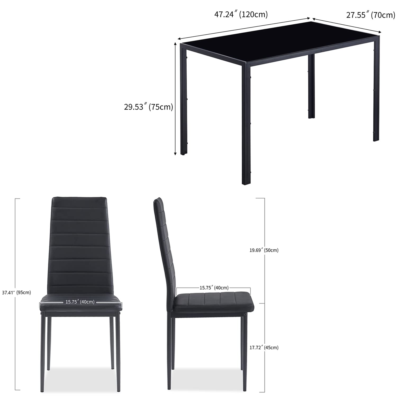 Modern 5-Piece Black Dining Table Set for 4 with Tempered Glass Top & Upholstered Chairs - Space-Saving Kitchen Table for Small Homes, Apartments & Compact Spaces - Perfect for Family Meals, Dinner Parties & Daily Use