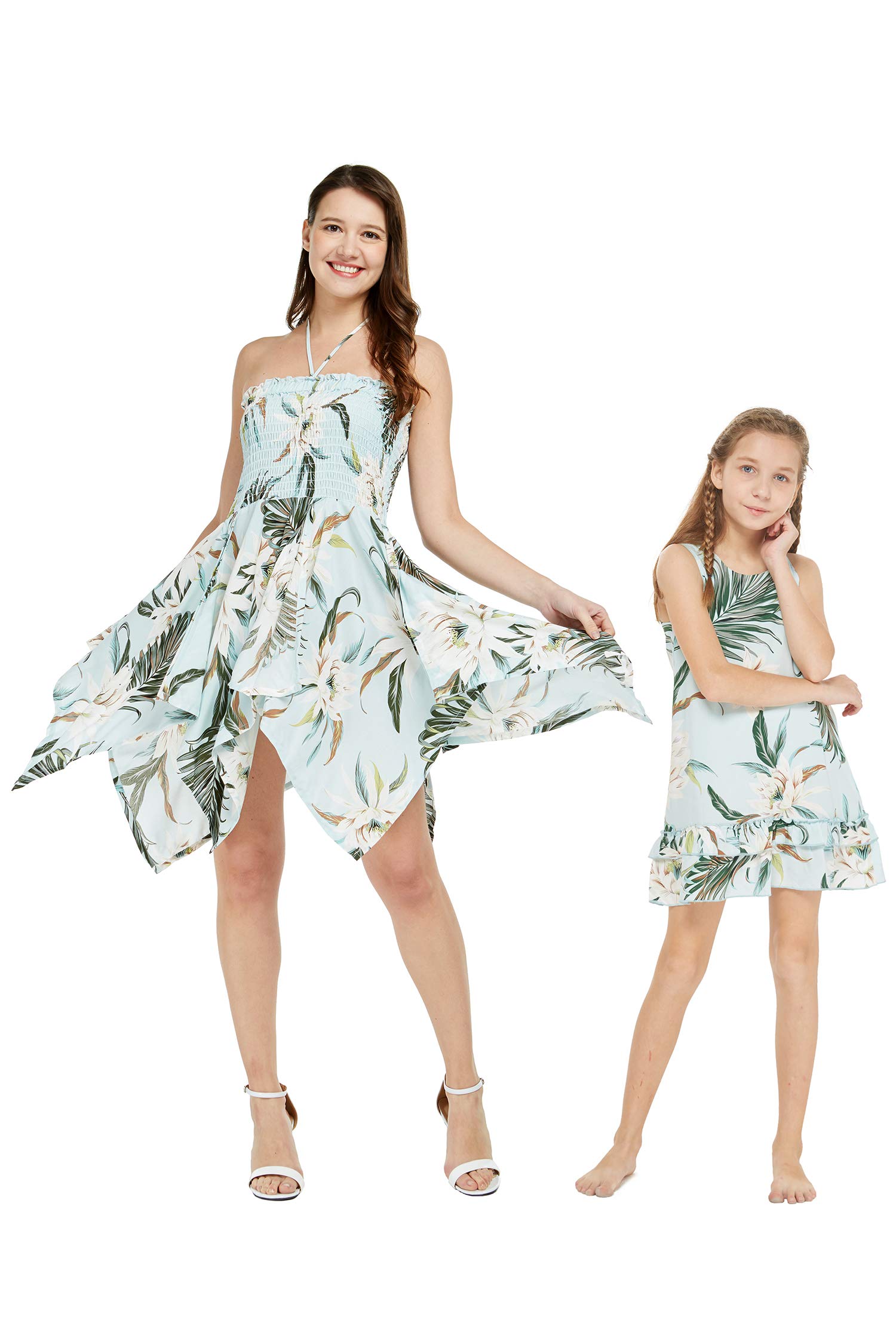 Mother & Daughter Matching Hawaiian Luau Fairy Dress Set - Light Blue Floral Tank Top with Ruffle Skirt for Beach Party, Vacation, and Family Photos