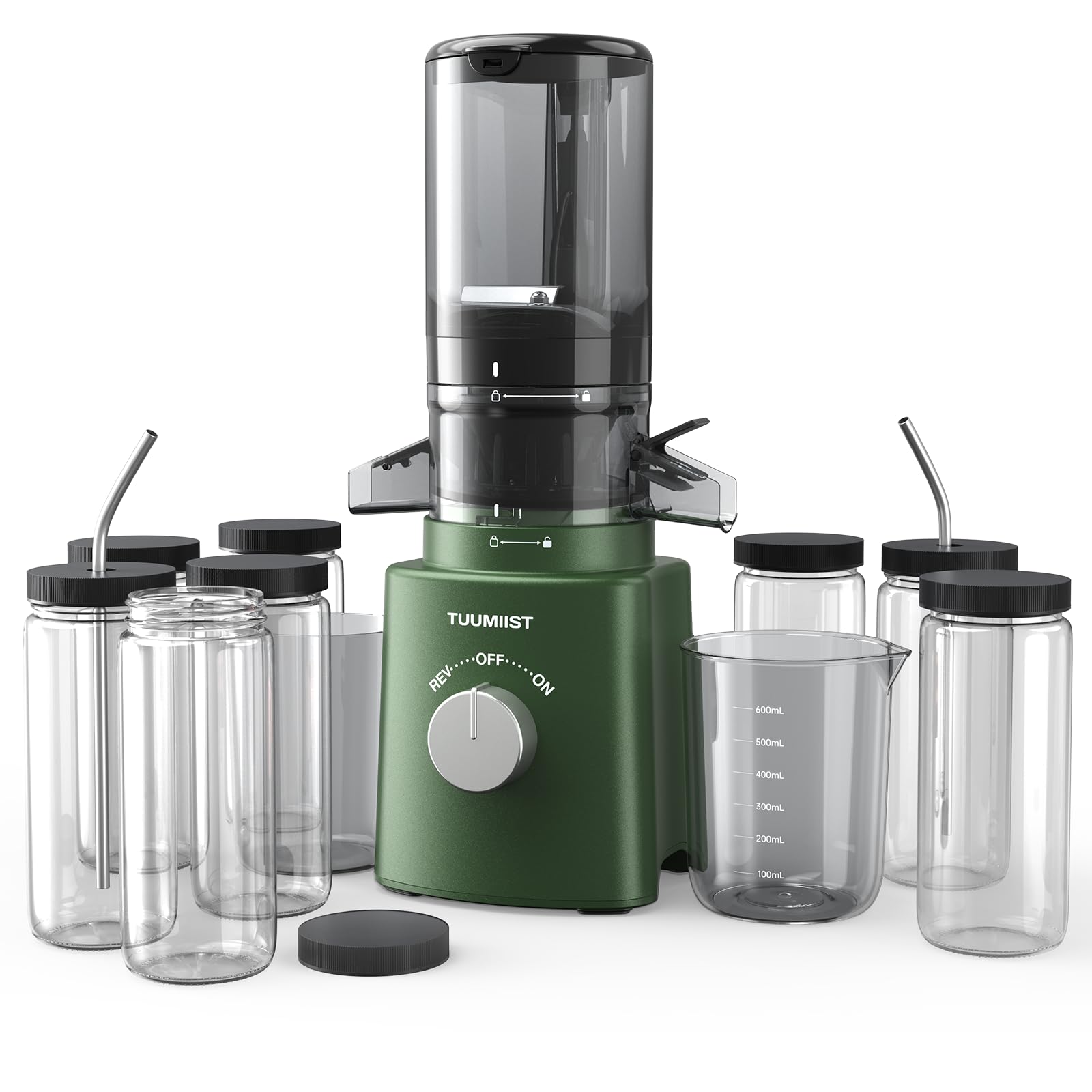 Premium Cold Press Slow Masticating Juicer with 8 BPA-Free Juice Bottles - Quiet Motor for Fruits & Vegetables, 4.25