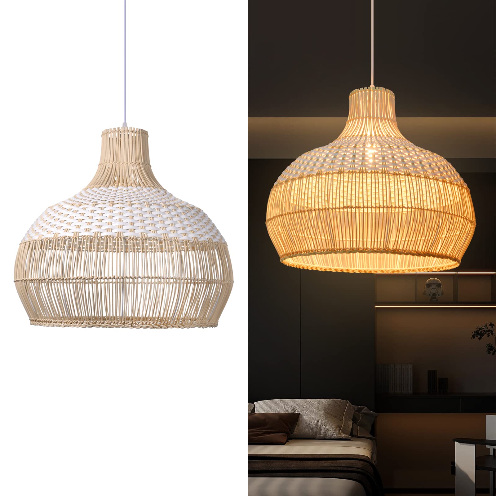 Arturesthome 1-Light White Rattan Pendant Light - Handmade Woven Wicker Chandelier for Kitchen Island, Dining Room & Bedroom Lighting - Boho Ceiling Lamp with Natural Fiber Shade