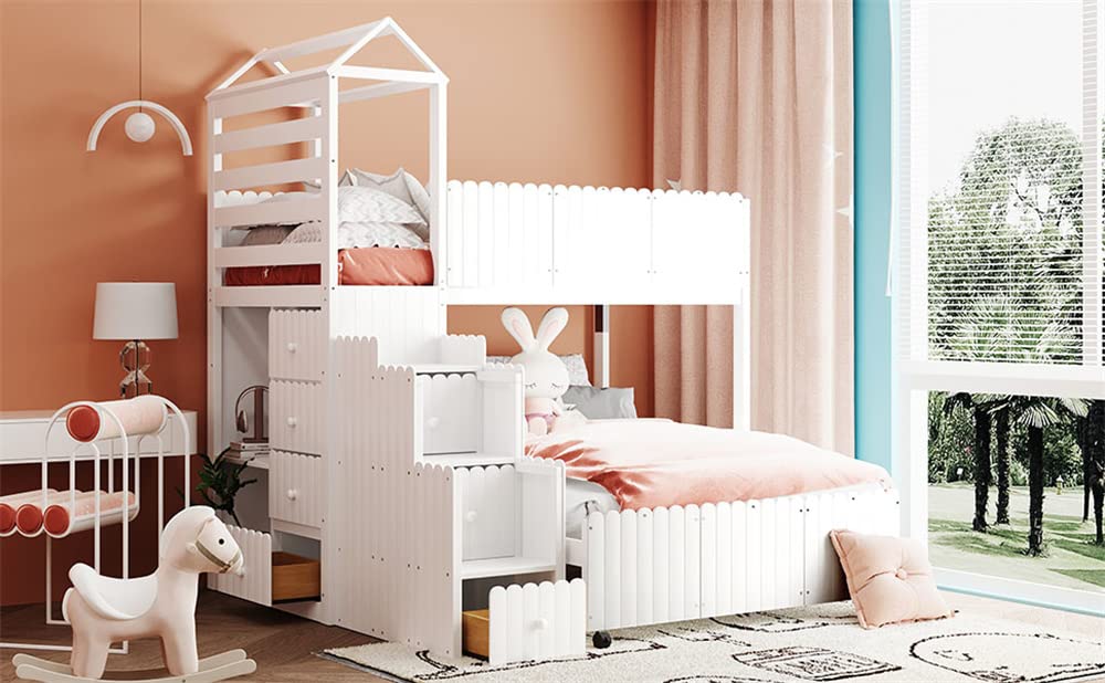 Solid Wood Twin Over Full Bunk Bed with 7 Drawers & 2 Shelves - Space-Saving Loft Bed with Safety Guardrails, Storage Staircase & Roof - No Box Spring Needed - Perfect for Kids' Bedroom, Guest Room or Small Space (White)