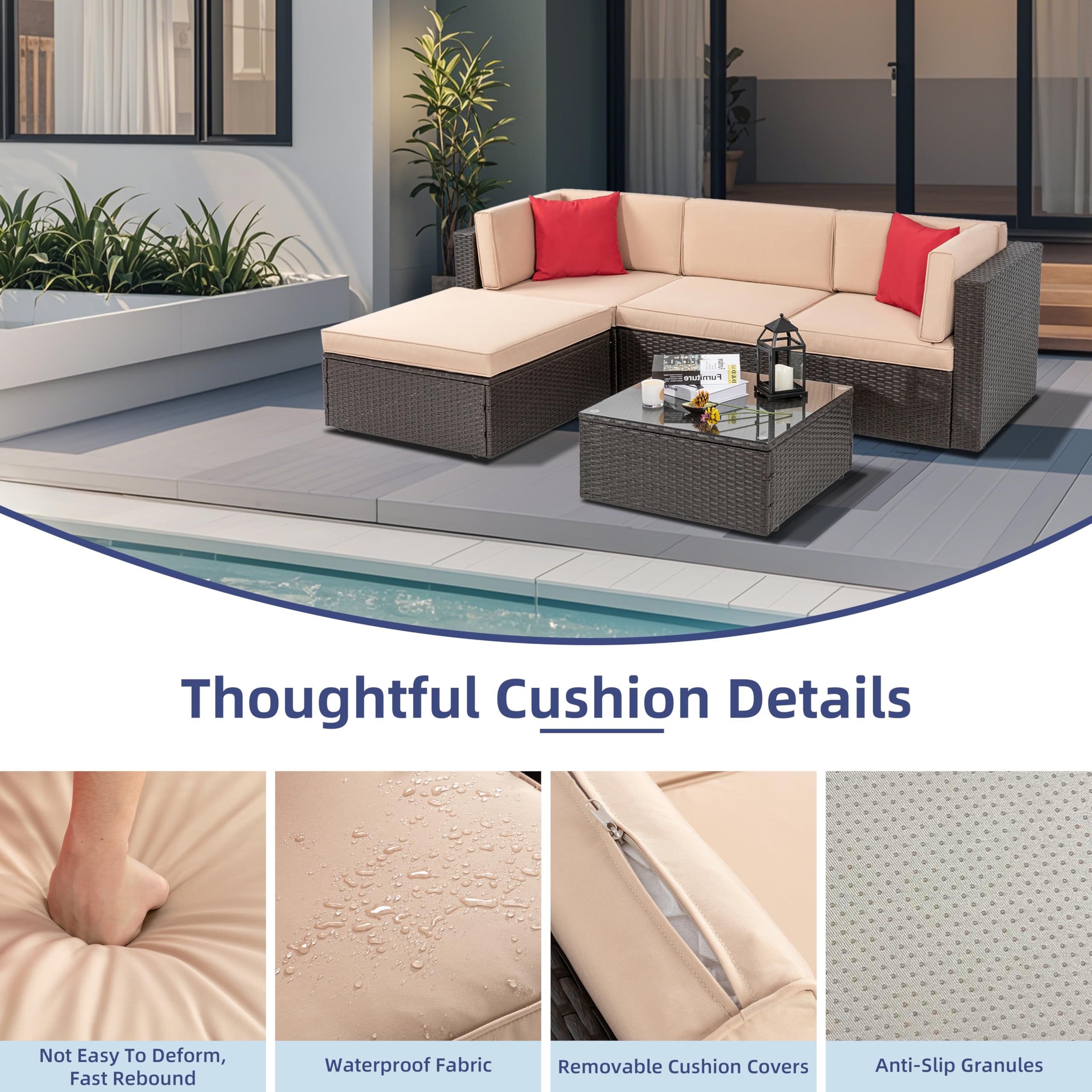 5-Piece All-Weather Brown PE Wicker Outdoor Patio Furniture Set - Garden Conversation Sectional Sofa with Ottoman, Glass Table & Red/Beige Pillows - Perfect for Backyard, Poolside & Terrace Relaxation