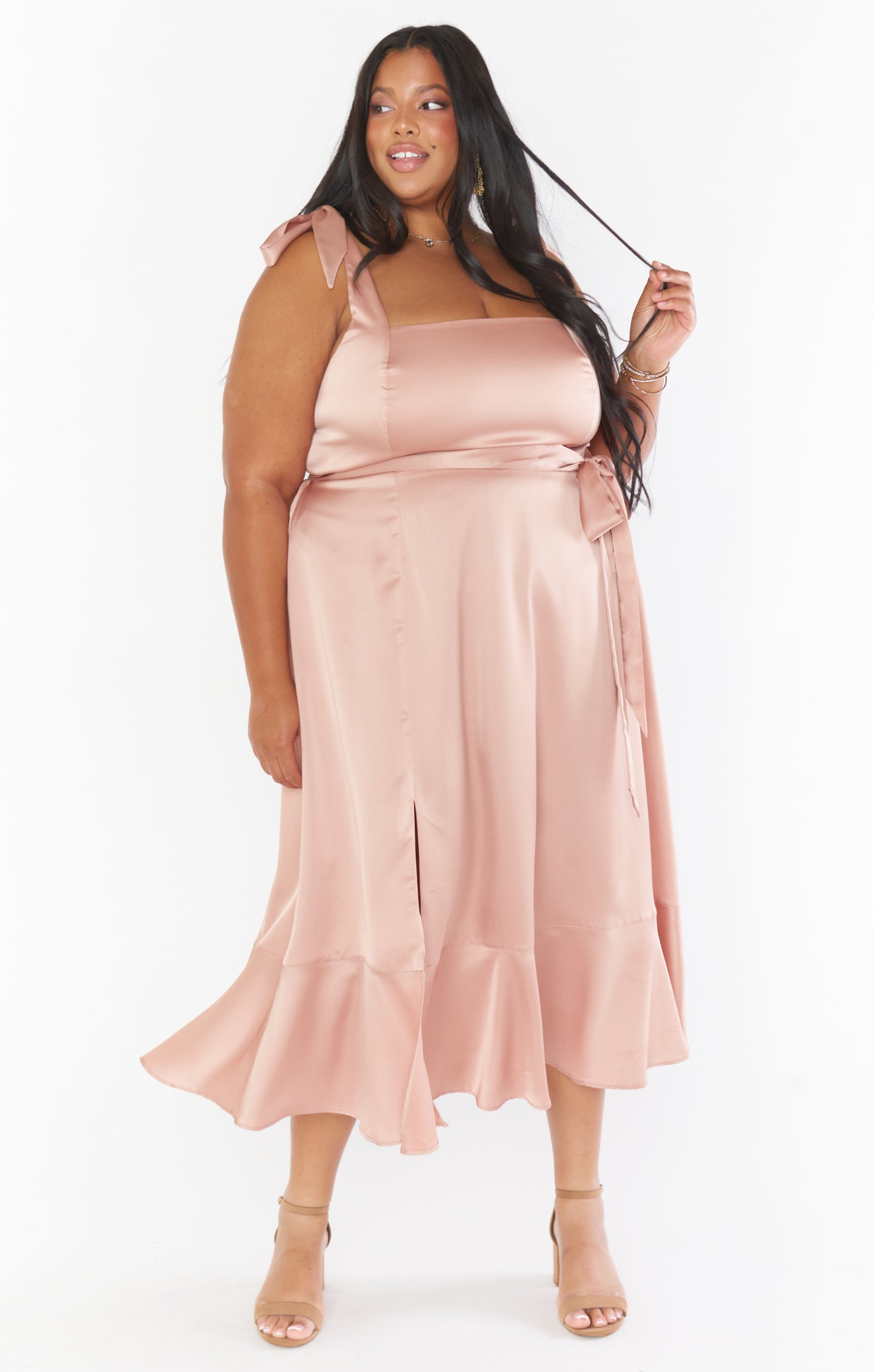 Claire Midi Dress - Rose Gold Luxe Satin Formal Evening Gown for Women | Perfect for Weddings, Parties & Special Occasions