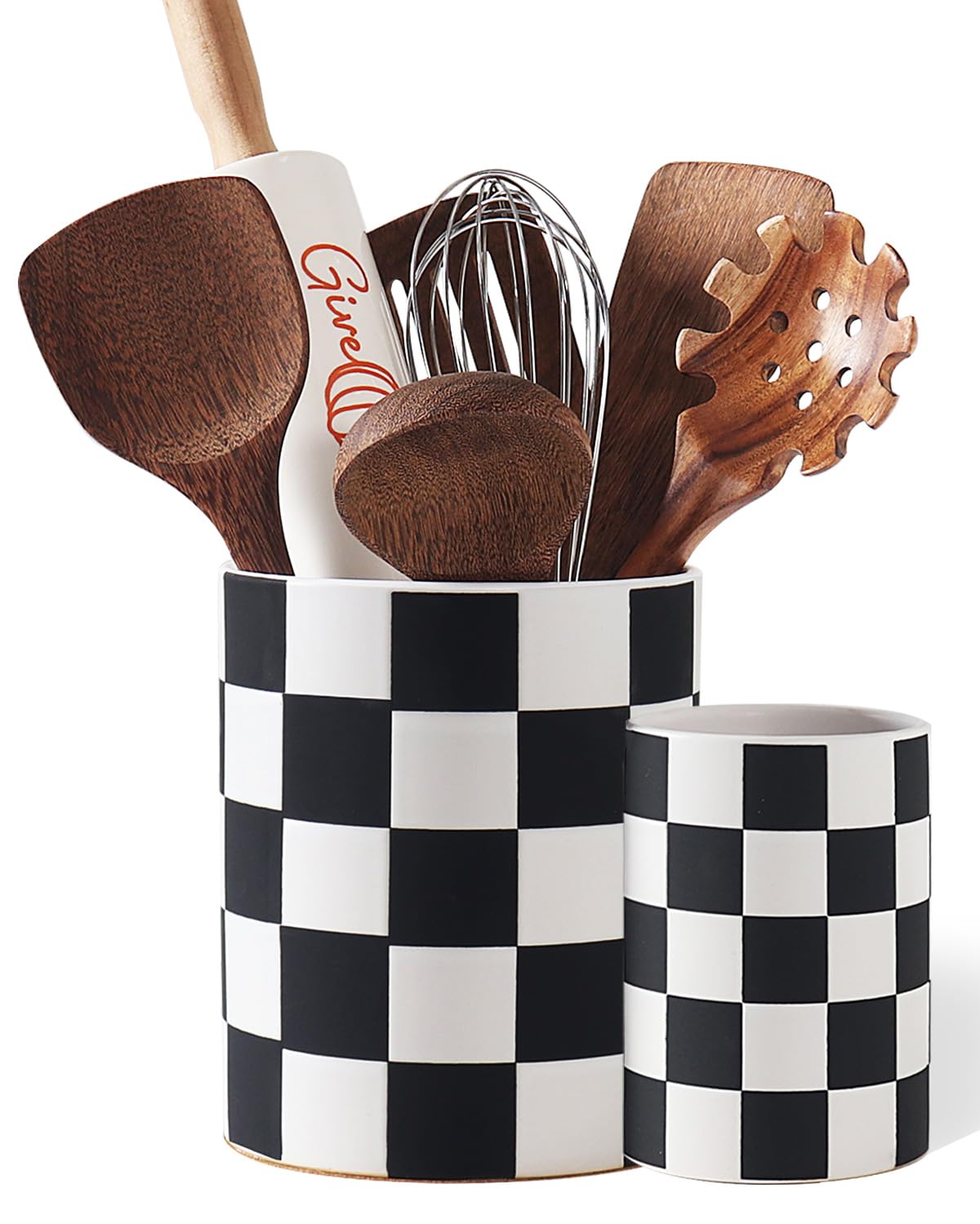 Black Checkered Ceramic Utensil Holder - 7.1