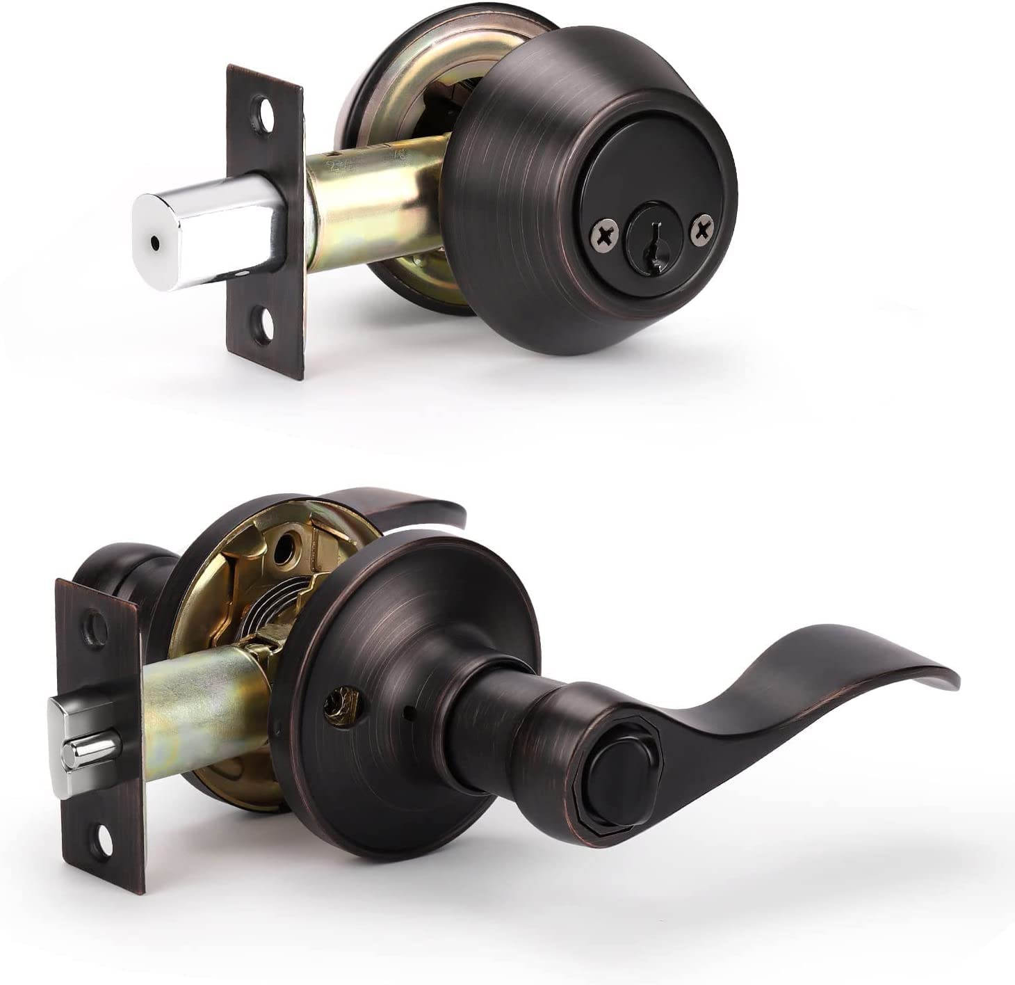 KNOBWELL 6 Pack Keyed Alike Entry Door Lever & Deadbolt Lock Set - Double Keyed Deadbolt, Oil Rubbed Bronze Finish, Exterior Door Handle for Right/Left Handed Doors - Perfect for Home Security & Apartment Buildings