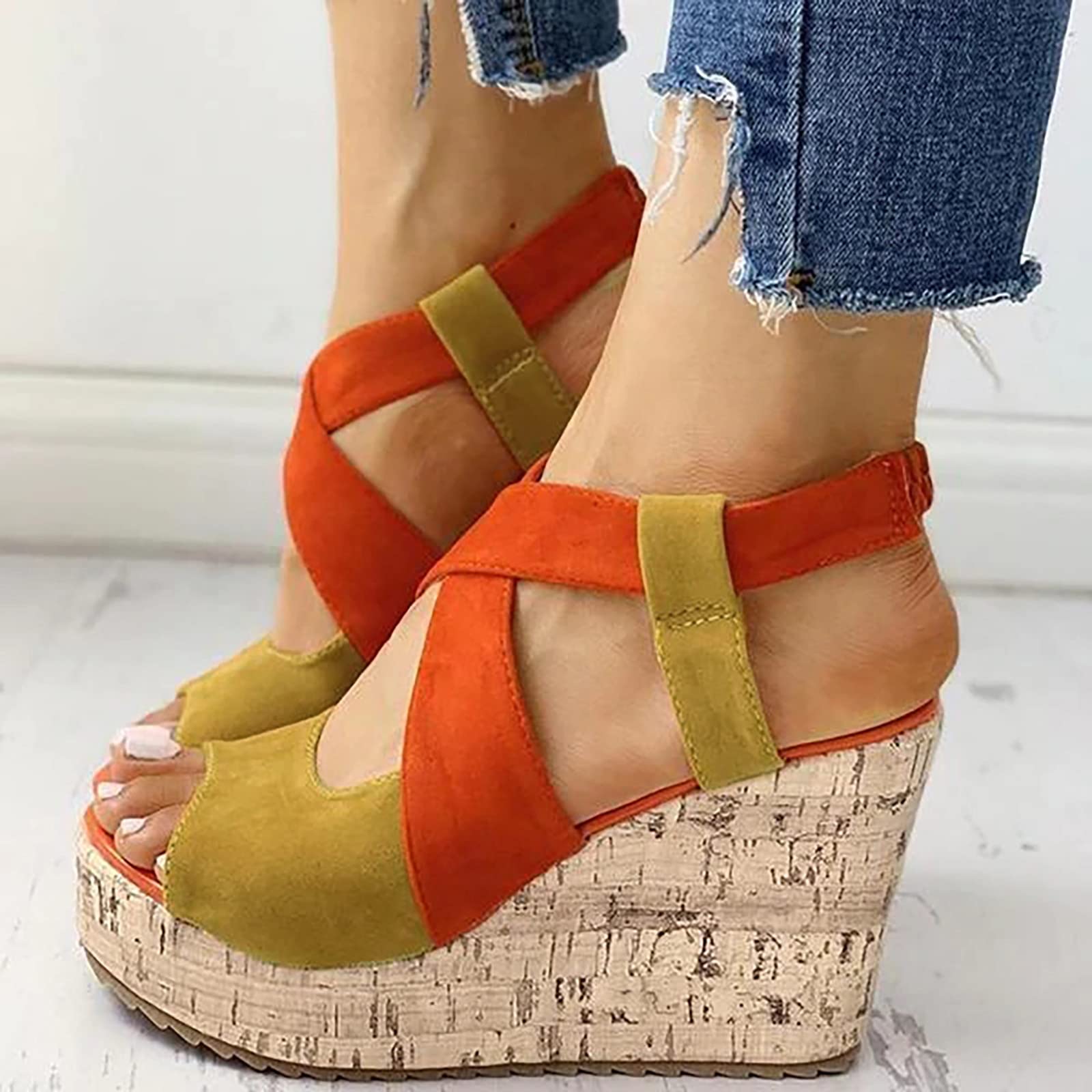 **Women's Color Block Wedge Sandals 2022 - Open Toe Buckle Casual Platform Wedges for Summer | Beach, Vacation & Everyday Wear**