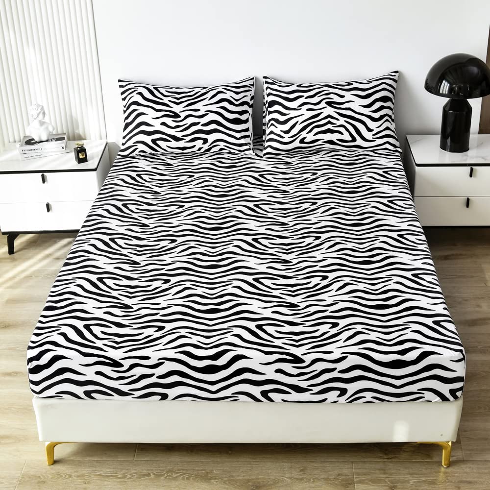 Black & White Leopard Print Fitted Sheet Set - Twin Size Deep Pocket Luxury Cheetah Bedding for Girls, Women & Kids | Wild Animal Themed Bedroom Decor with Striped Design (Fitted Sheet Only) | Perfect for Jungle-Themed Rooms, Teen Bedrooms & Safari Decor