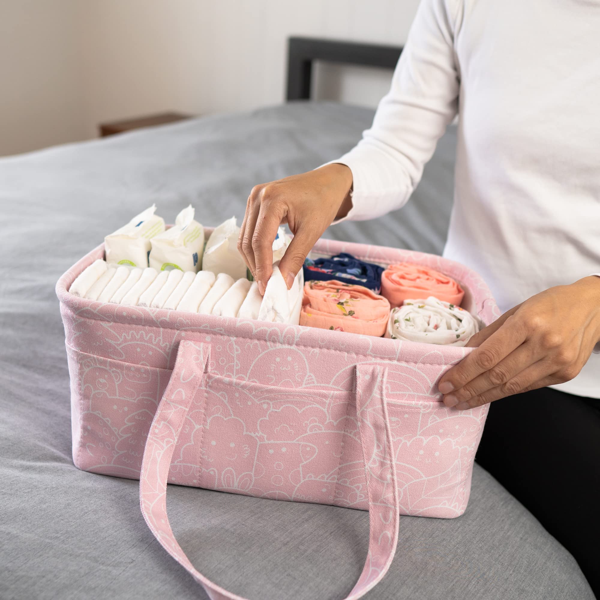 Baby Diaper Caddy Organizer - Portable Nursery Changing Table Storage Basket & Car Tote for Diapers, Wipes, and Baby Essentials - Perfect Newborn Shower Gift for Boys & Girls - Travel Bin for Home & On-the-Go (Pink) - Ideal for Nursery Organization, Car Trips, and Baby Registry Must-Haves