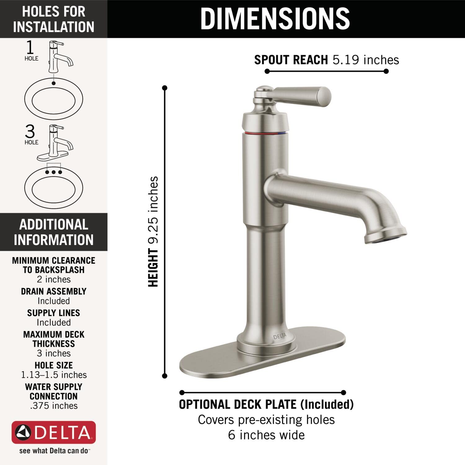 Delta 536-SSMPU-DST Brushed Nickel Single Handle Bathroom Faucet with Diamond Seal Technology - Single Hole Bathroom Sink Faucet with Drain Assembly - Perfect for Modern Bathrooms, Powder Rooms & Guest Baths
