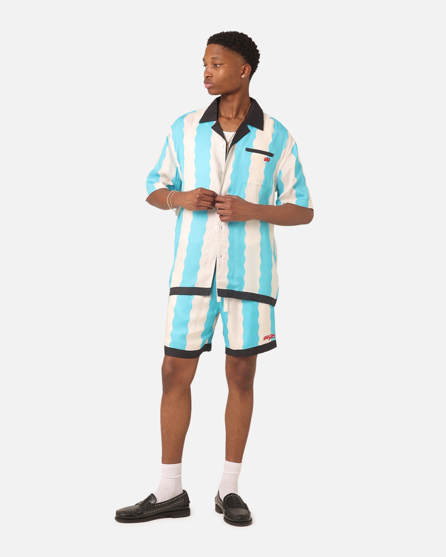 99 Cabana Bowling Short Sleeve Button Up Shirt for Men - Light Blue & Off White Hawaiian Style Casual Shirt - Perfect for Beach, Vacation, and Summer Outings