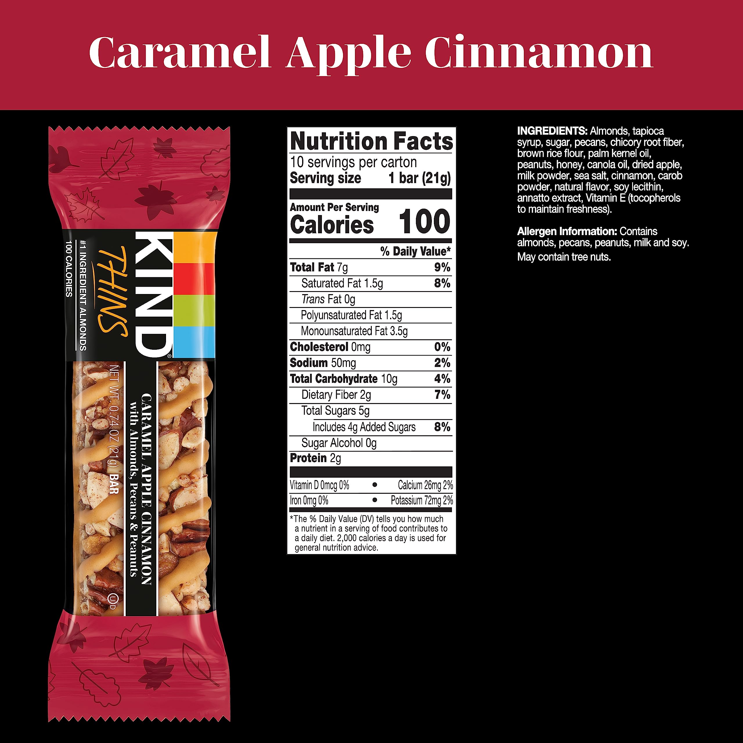 KIND THINS Caramel Apple Cinnamon Snack Bars with Almonds, Pecans & Peanuts - Gluten Free, 100 Calorie Healthy Snacks - 10 Bars Pack - Perfect for On-the-Go, Office & School Lunch