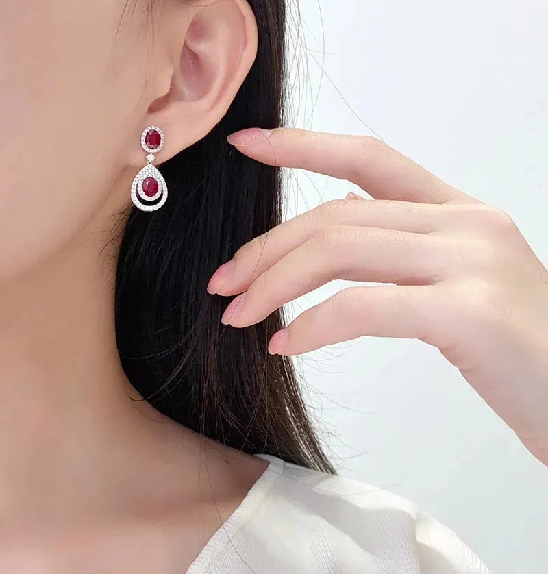 18K White Gold Diamond & Ruby Drop Earrings for Women | Luxury Elegant Dangle Earrings | Perfect for Senior Banquets, Weddings & Formal Events