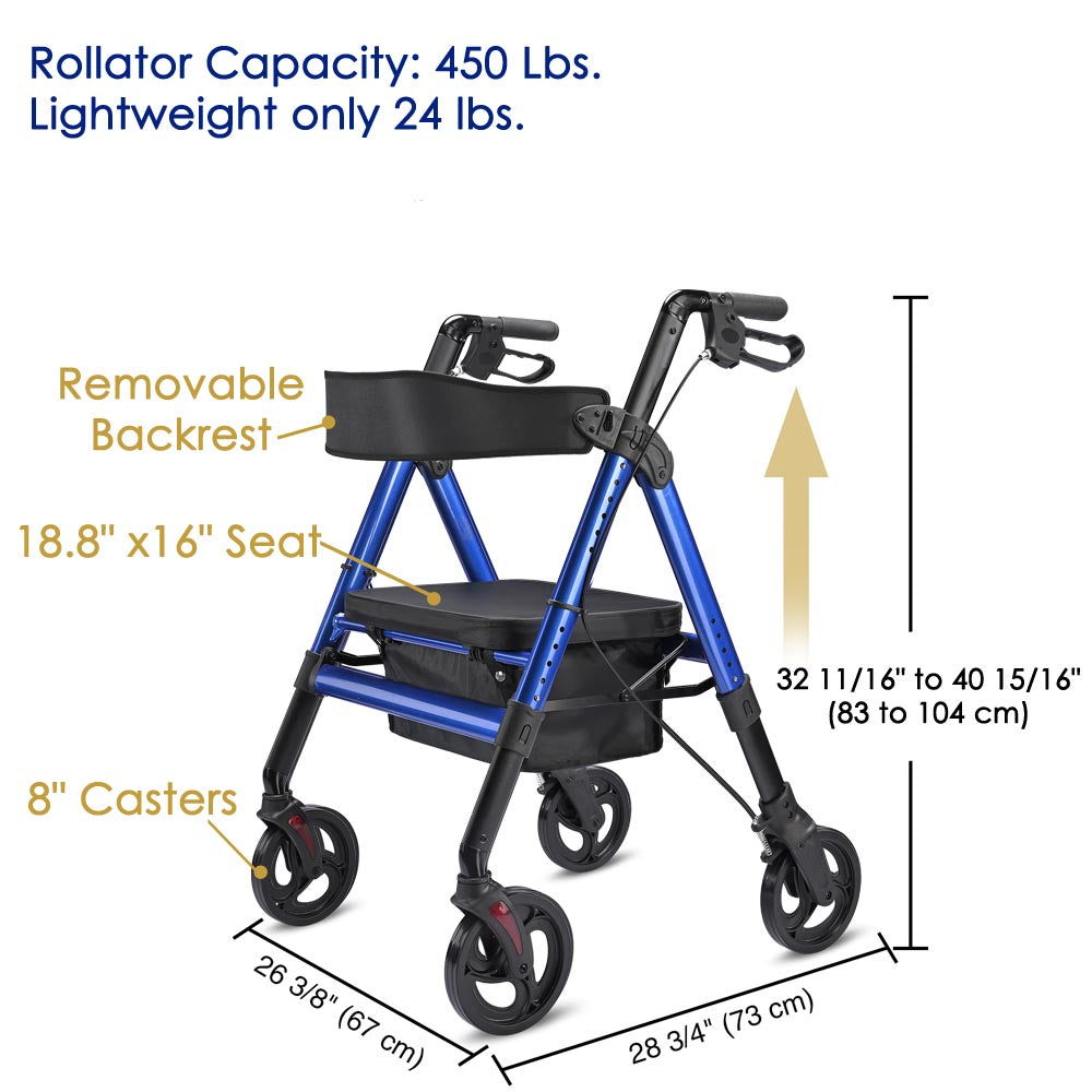 Premium Aluminum Rollator Walker with Seat & Back Support - Heavy Duty 450lbs Capacity, 8 Smooth-Rolling Casters - Ideal for Seniors, Mobility Assistance & Indoor/Outdoor Use