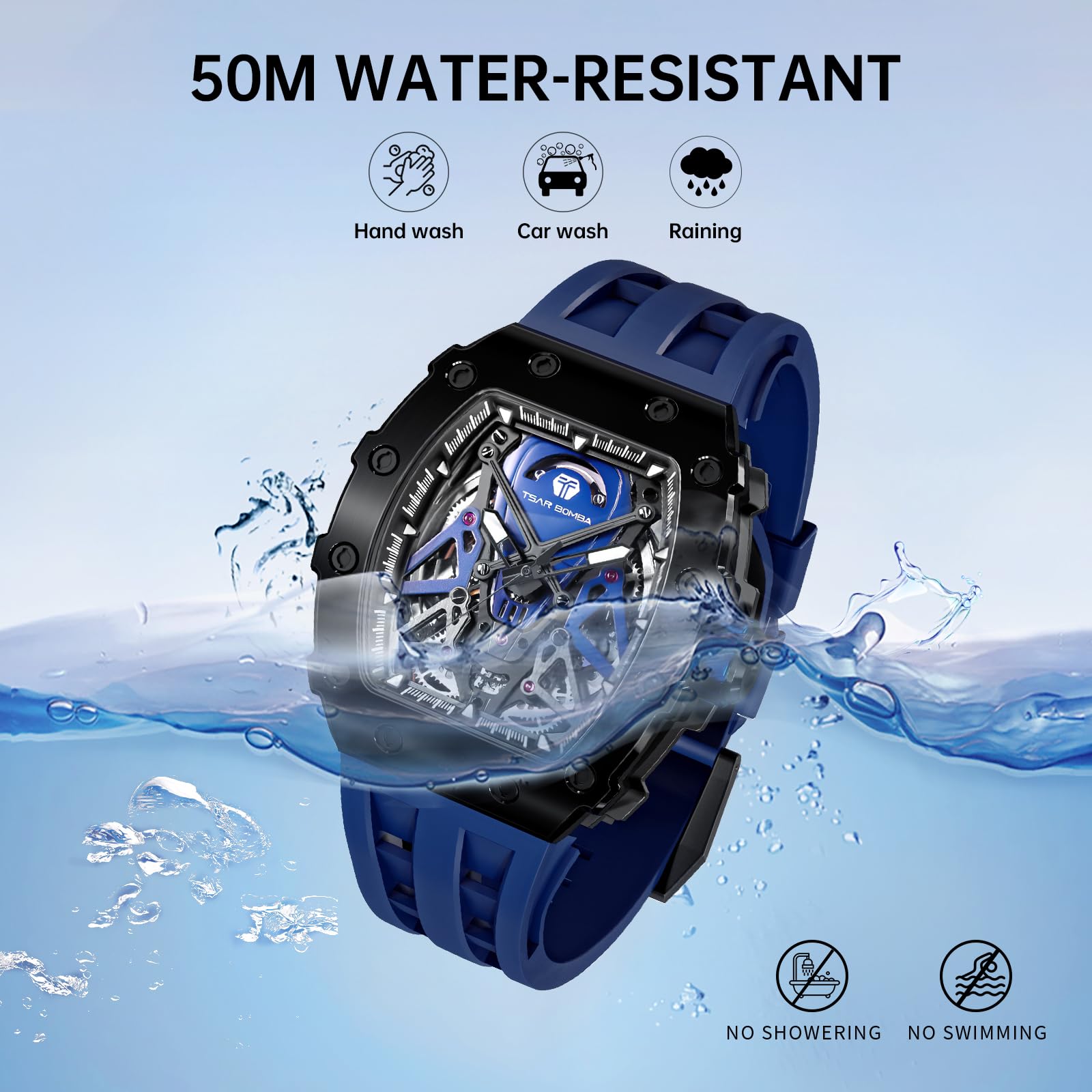 TSAR BOMBA Luxury Men's Watch - 50M Waterproof Mechanical Chronograph with Silicone Band, Tonneau Case Design - Perfect for Business, Casual Wear & Outdoor Activities | Great Gift for Men