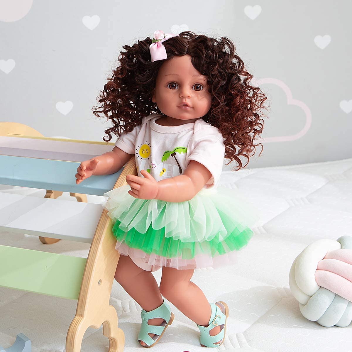 Realistic Reborn Baby Doll - Lifelike Full Silicone Body Toddler Doll with Curly Hair (Green Dress) - Perfect for Collectors, Gift Giving & Therapy Use