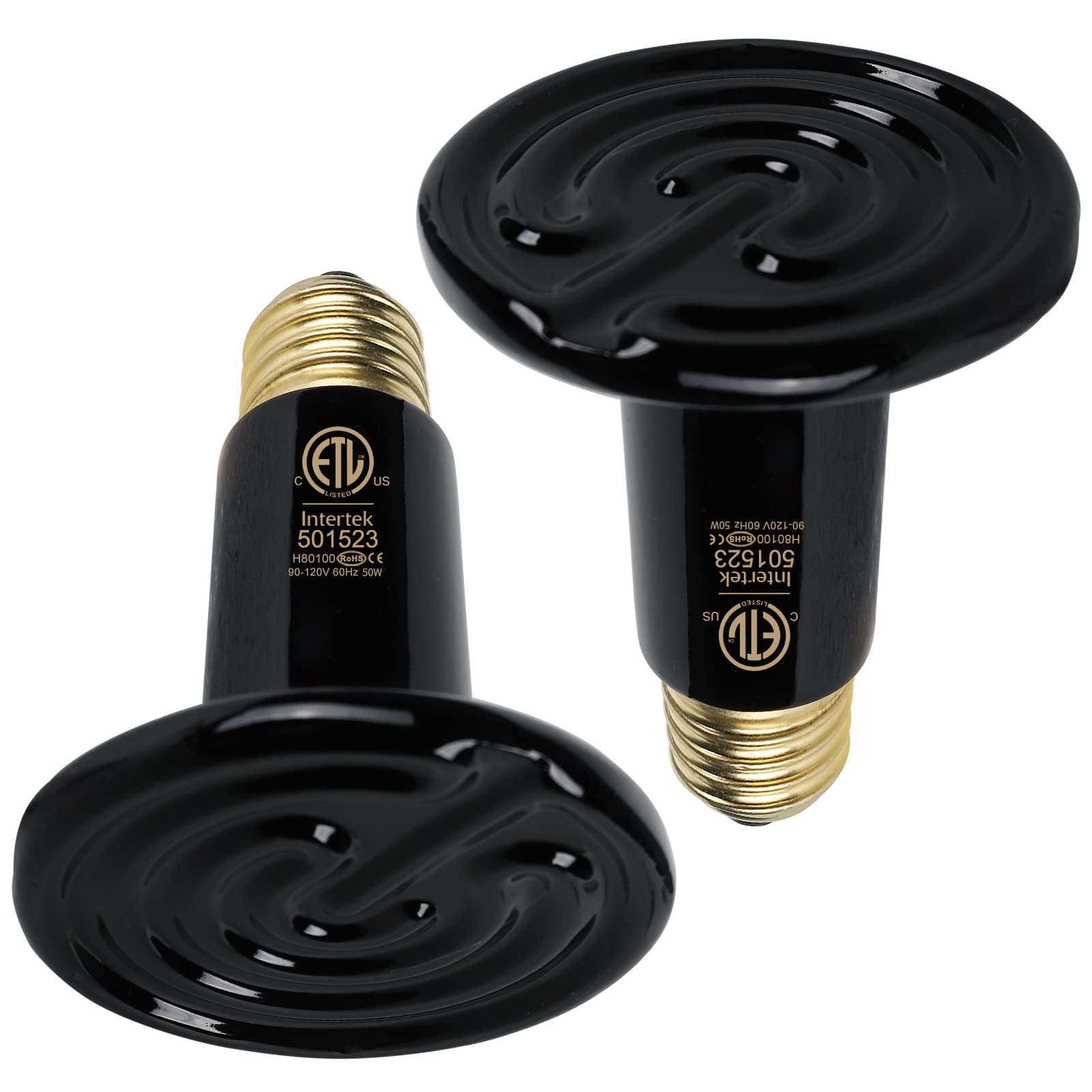 WUHOSTAM 50W 2 Pack Black Ceramic Heat Lamp - Infrared Bulb Emitter for Reptiles, Chickens, Turtles & Lizards | Adjustable Temperature Pet Coop Heater, No Light ETL Certified | Perfect for Brooding, Terrariums & Animal Enclosures