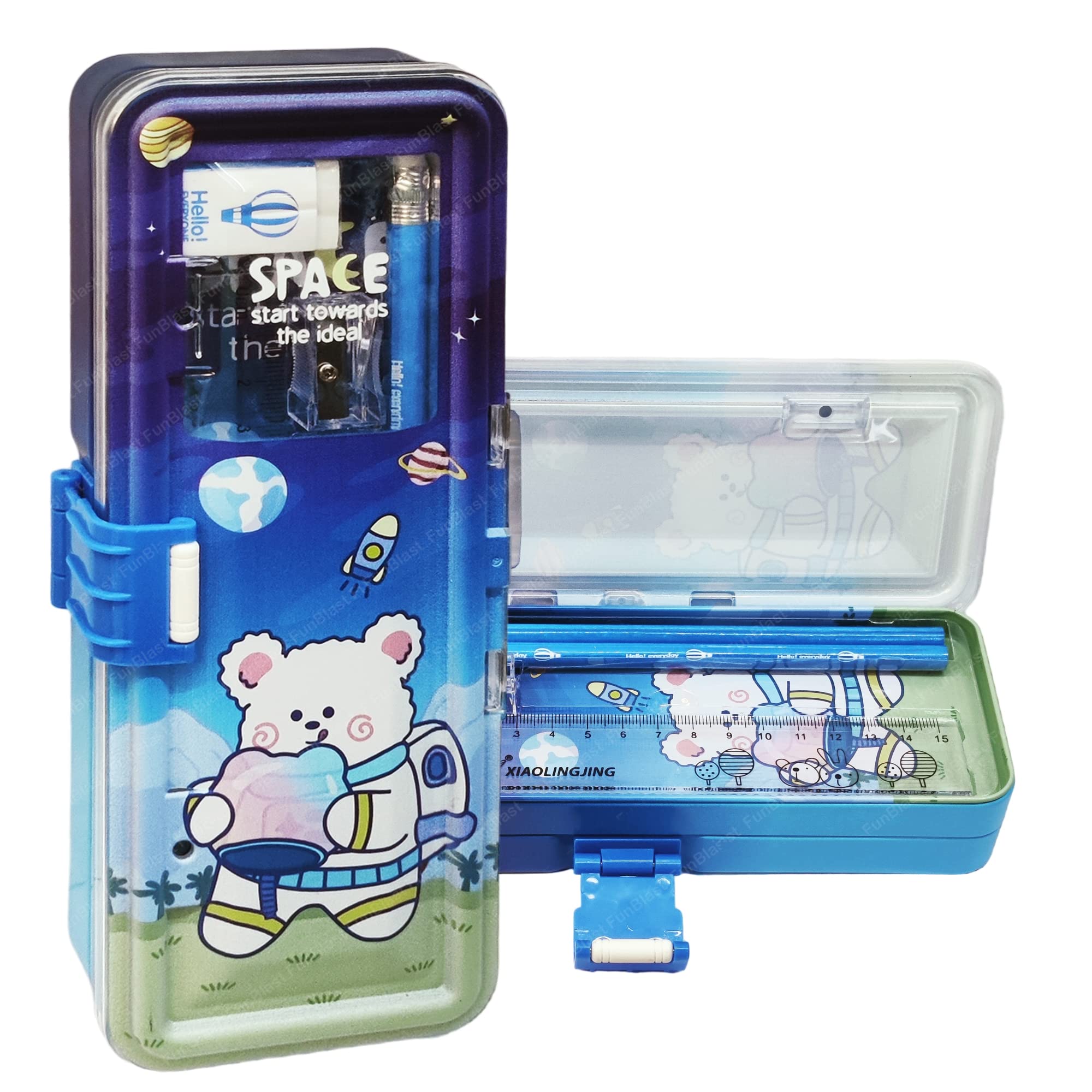 FunBlast Metal Pencil Box - Double Layer Geometry School Supply Organizer with Pencil, Eraser & Sharpener | Durable Stationery Case for Kids, Boys & Girls | Perfect for Classroom, Homework & Back to School Supplies (Space Design)