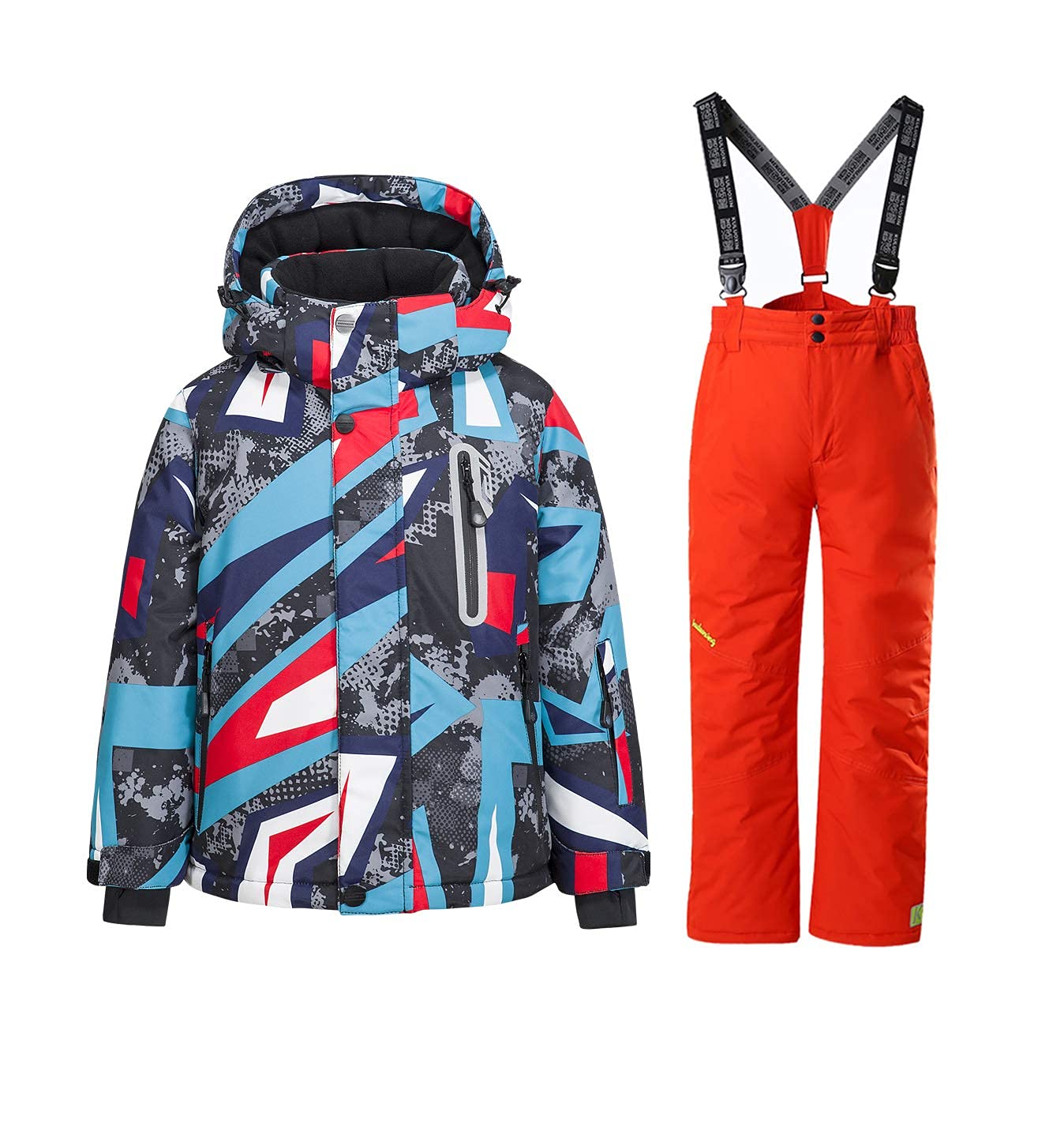 WOWULOVELY Boys' 2-Piece Colorblock Snow Pants & Jacket Set - Waterproof Winter Snowsuit for Skiing, Snowboarding & Outdoor Play