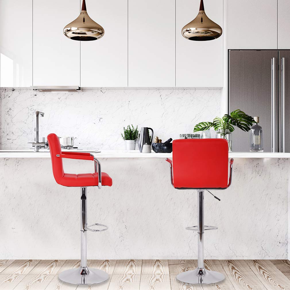 Best Modern Bar Stool Set of 2 - Adjustable Height Swivel Counter Stools with PU Leather & Hydraulic Lift - Perfect for Kitchen Island, Home Bar & Dining Room (Red)