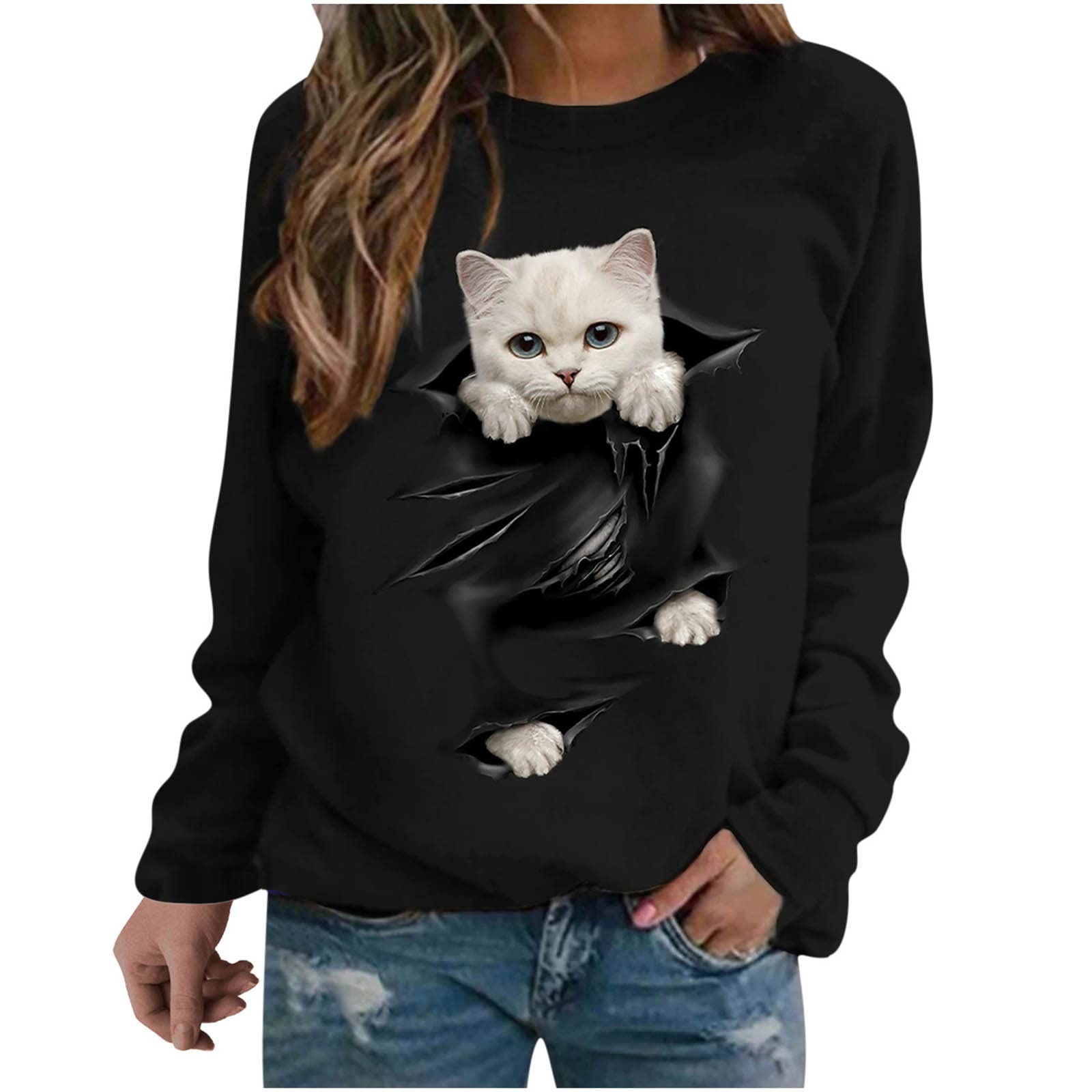 Women's Cute Cat Print T-Shirts - Casual Plus Size Cotton Tunic Tops with Crewneck & Long Sleeve - Loose Pullover for Everyday Wear, Office & Weekend Outfits