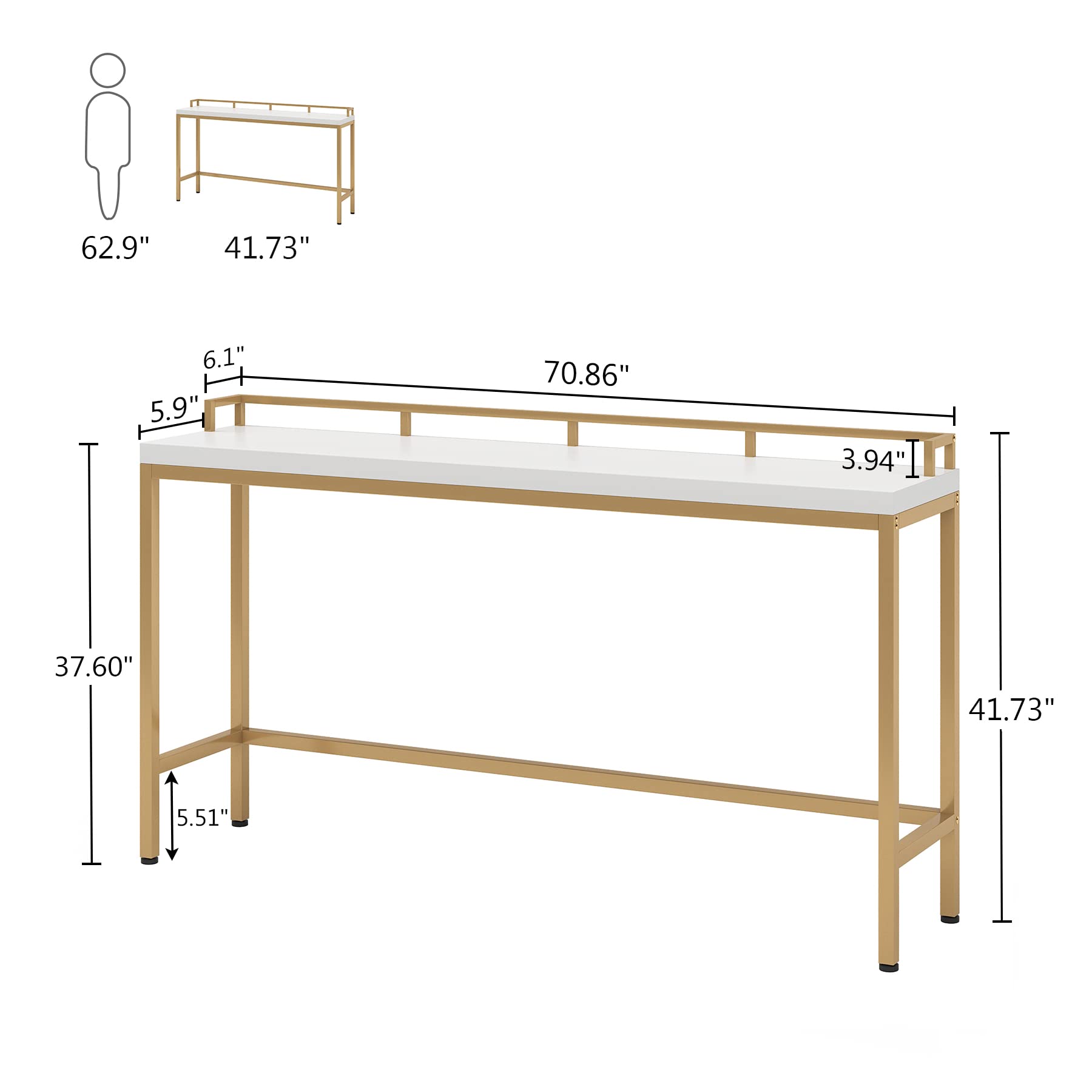Tribesigns 70.9 Inch Extra Long Sofa Table - Narrow Console Table Behind Couch, Modern Entryway & Hallway Table for Living Room, Bedroom, or Office (White + Gold) - Perfect for Small Spaces & Home Decor