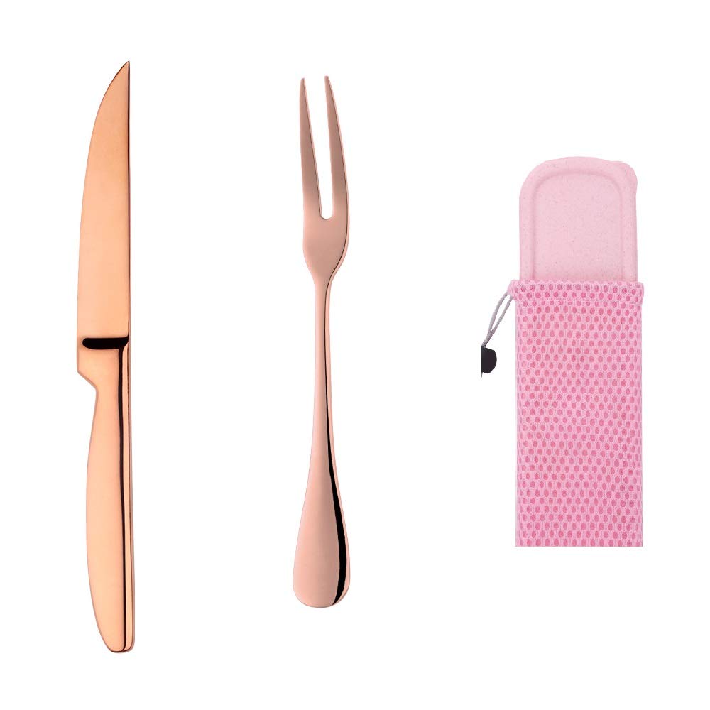 Premium Rose Gold Fruit Knife Set - 1 Knife & 4 Forks with Travel Case | Perfect for Picnics, Camping, Hiking & Outdoor Dining | Elegant Portable Cutlery for Fruits, Cheese & Charcuterie