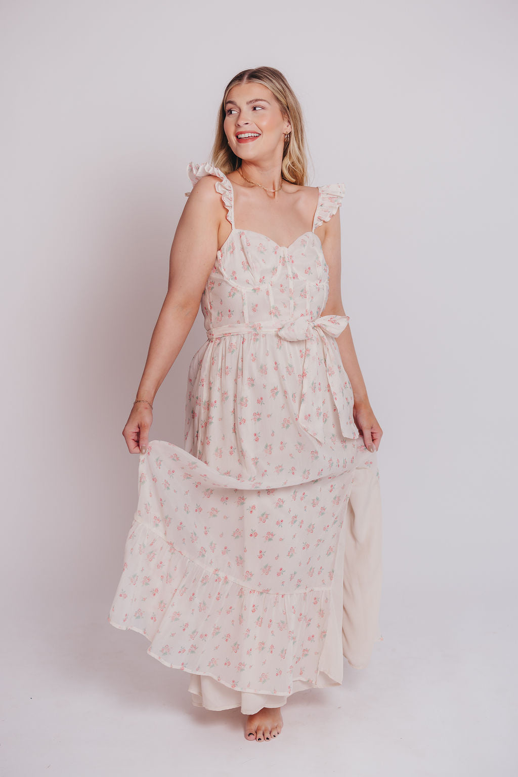 Rosamund Bustier Style Maxi Dress - Floral Blush Pink Women's Plus Size Dress (S-3XL) | Perfect for Weddings, Parties & Summer Vacations