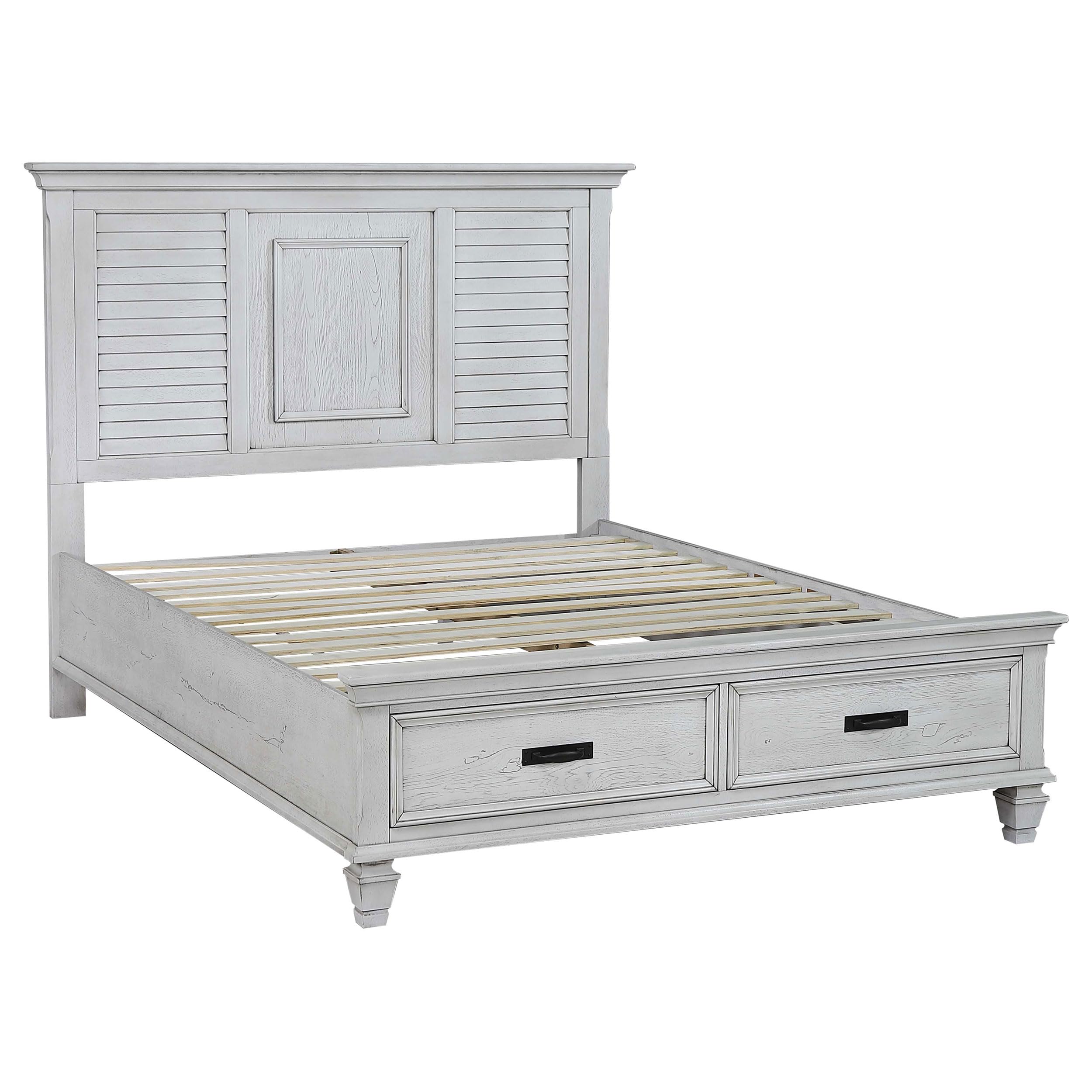 Coaster Home Furnishings Franco Farmhouse Wood Queen Size Storage Panel Bed Frame with 57-inch Distressed White Headboard - Perfect for Guest Rooms, Master Bedrooms & Small Space Storage Solutions