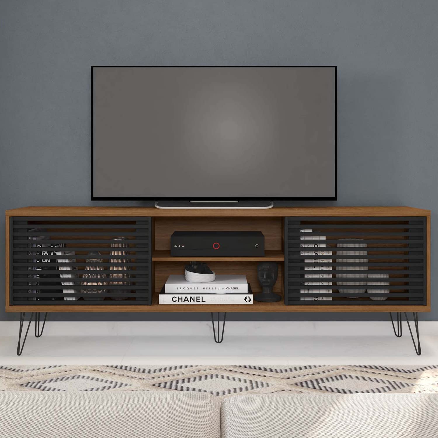 Better Home Products Mid-Century Modern TV Stand for 70 Inch TVs - Dark Walnut & Black Finish - Easy Assembly - Perfect for Living Rooms, Bedrooms & Home Theaters