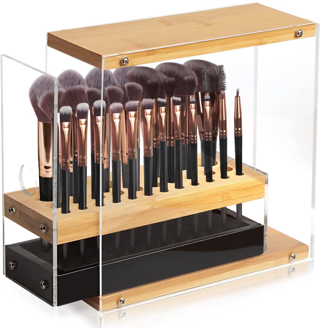 31-Hole Acrylic Bamboo Cosmetic Brush Organizer with Leather Drawer - Black Beauty Display Stand (22.3 x 8.6 x 21.5 cm) - Perfect for Makeup Vanity, Salon & Bathroom Storage