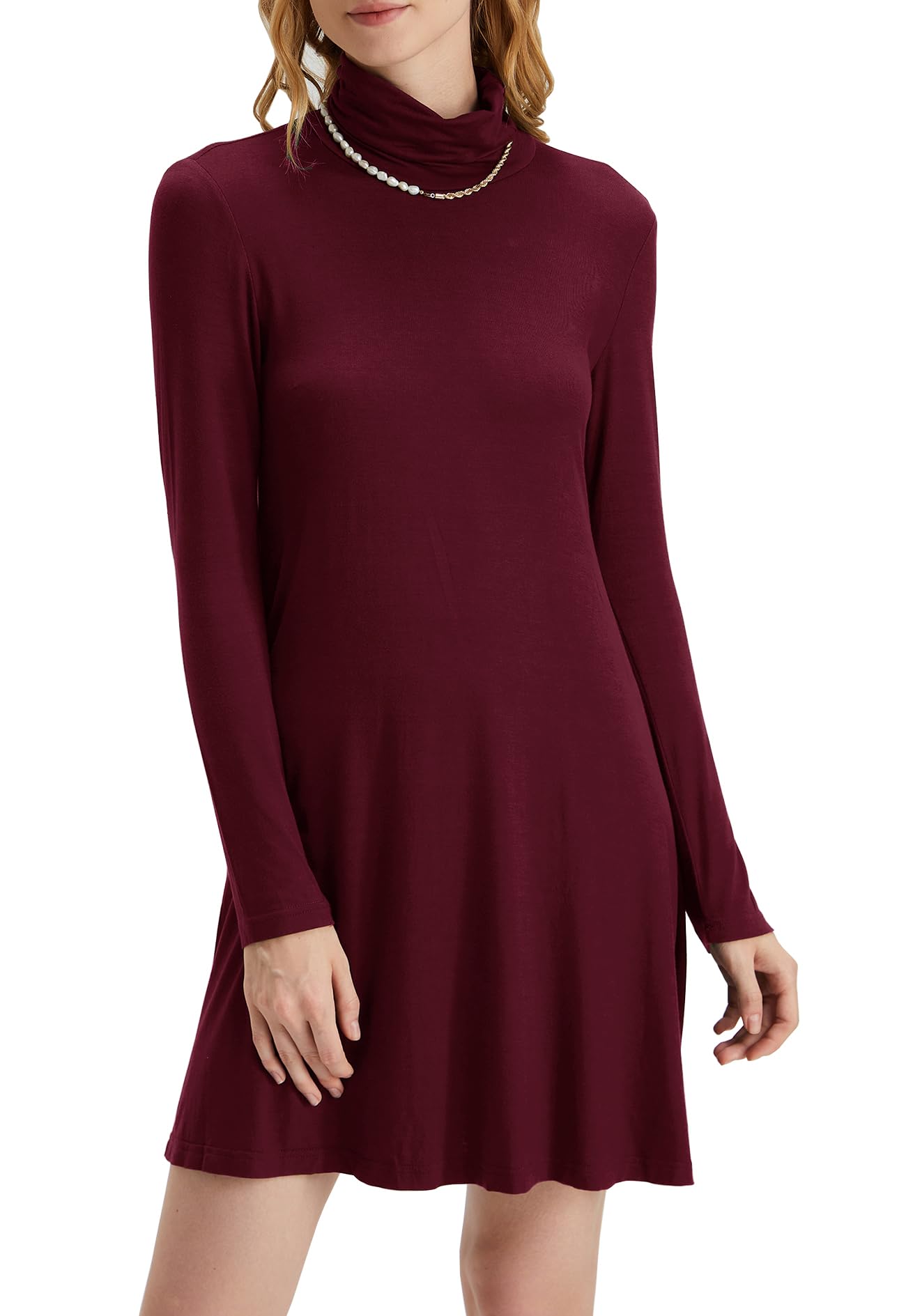 Women's Long Sleeve Turtleneck Casual Loose T-Shirt Dress - Comfortable Stretchy Soft Fabric for Everyday Wear, Work, and Weekend Outings