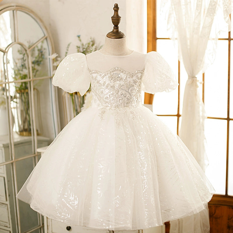 White Princess Round Tea Length Tulle Flower Girl Dress - Perfect for Weddings, Birthday Parties & Special Occasions