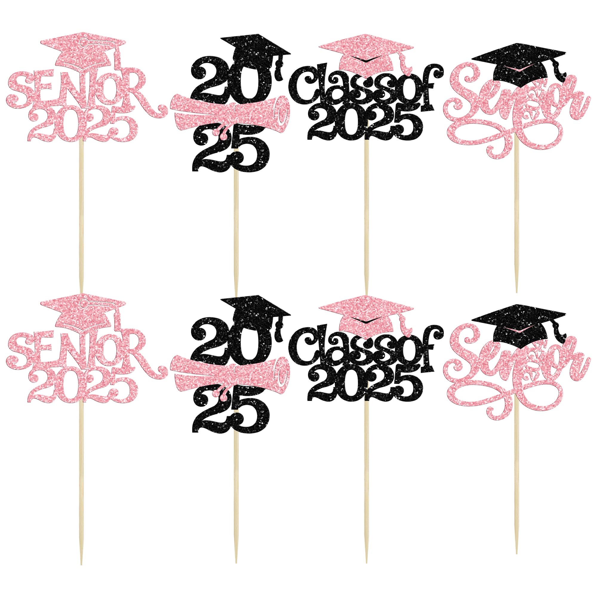 24Pcs 2025 Senior Graduation Cupcake Toppers with Glitter - Class of 2025 Cupcake Picks & Decorations for Graduation Party Supplies (Pink) - Perfect for High School Graduation Cakes, Dessert Tables & Celebration Decor