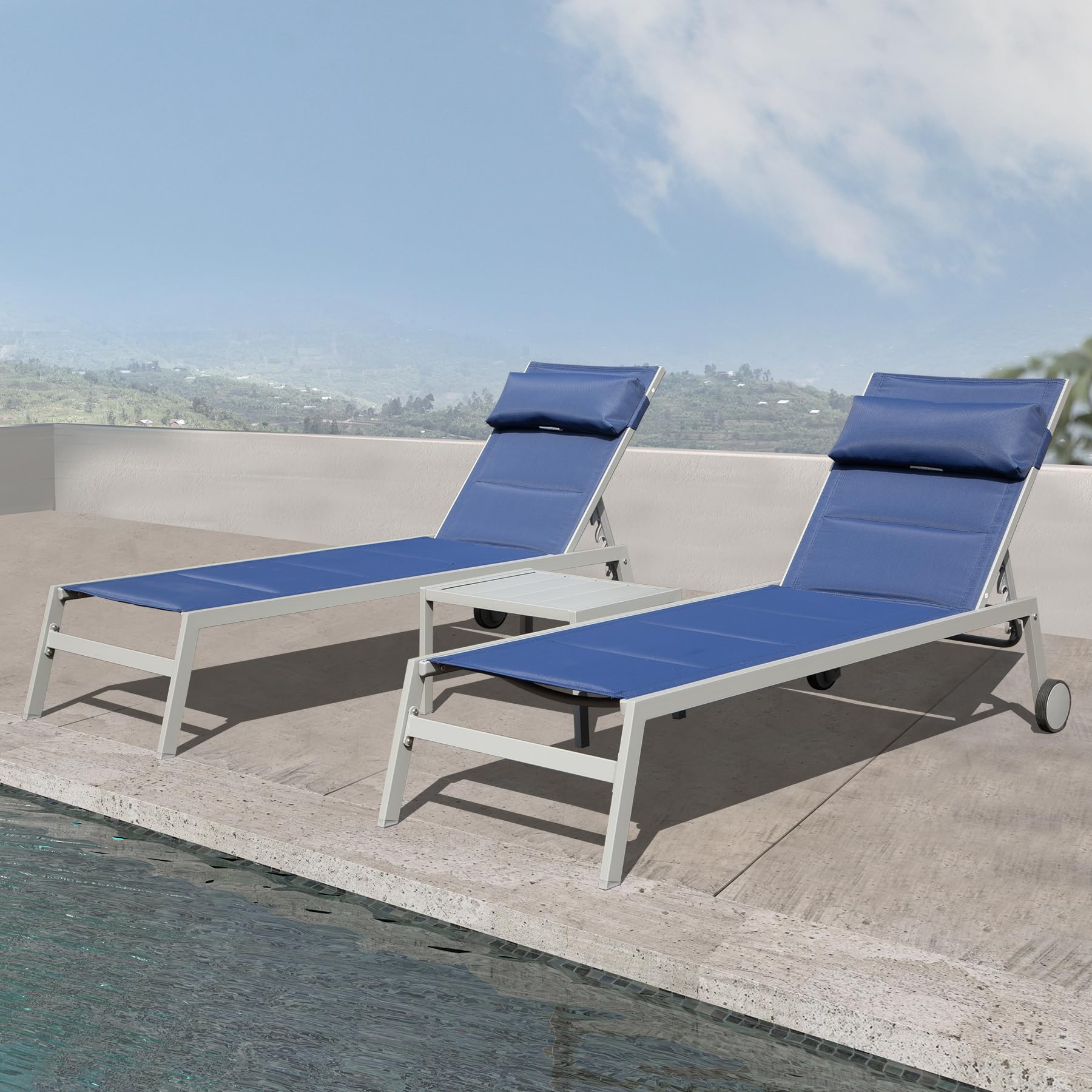 Domi 3-Piece Outdoor Patio Chaise Lounge Set with Side Table - Aluminum Pool Lounge Chairs with Wheels, Textilene Padded Adjustable Recliner - All-Weather Furniture for Poolside, Beach, Yard, Balcony (Navy Blue) - Perfect for Sunbathing, Relaxing and Outdoor Entertaining